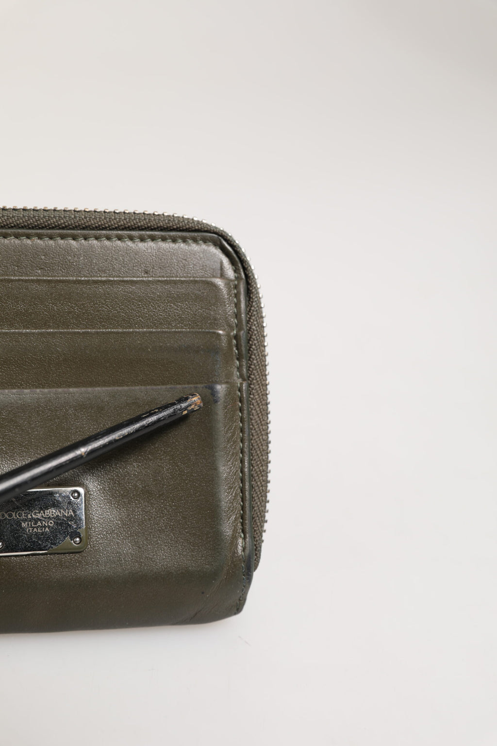 Dolce & Gabbana Military Green Leather Logo Plaque Card Holder Coin Purse Wallet