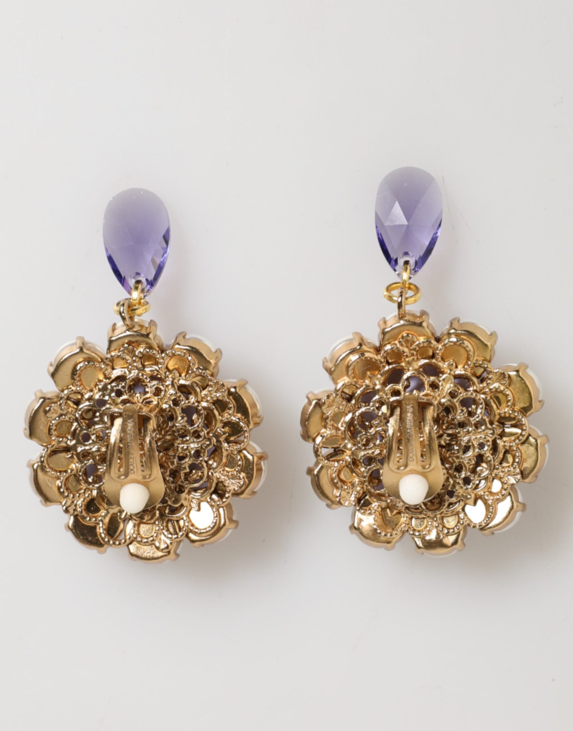 Dolce & Gabbana Purple Floral Crystal Pearl Drop Clip-On Statement Earrings