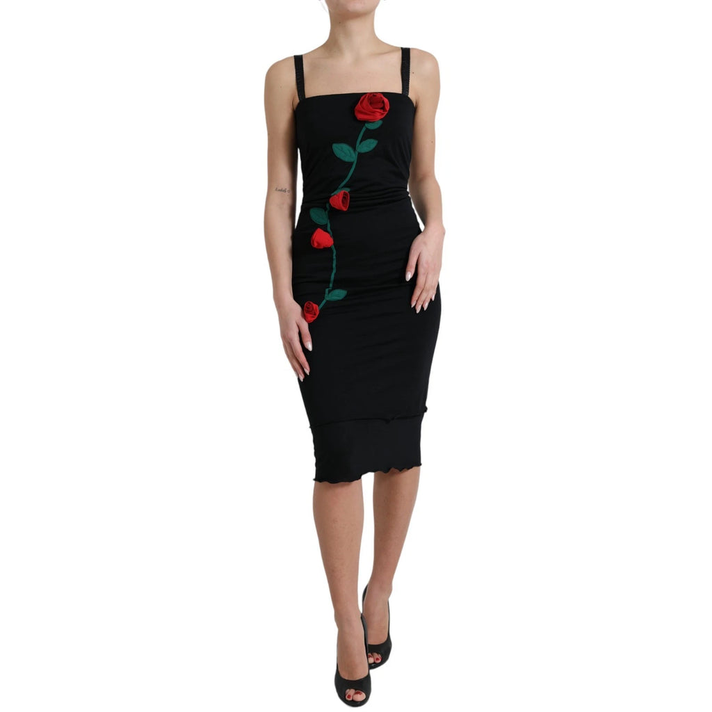 Dolce & Gabbana Black Wool Sleeveless Rose Applique Dress