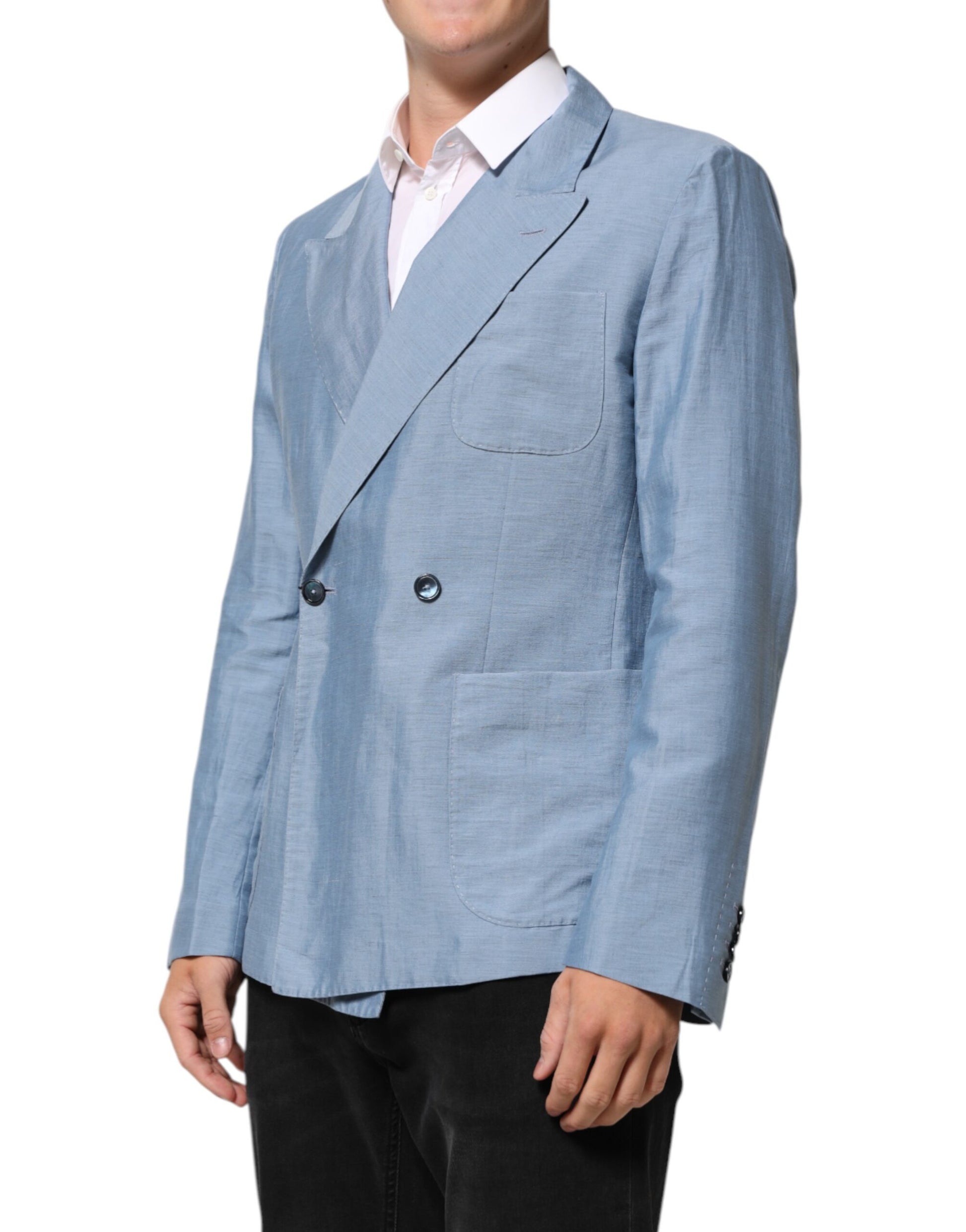 Dolce & Gabbana Light Blue Linen Double Breasted Men Jacket Blazer