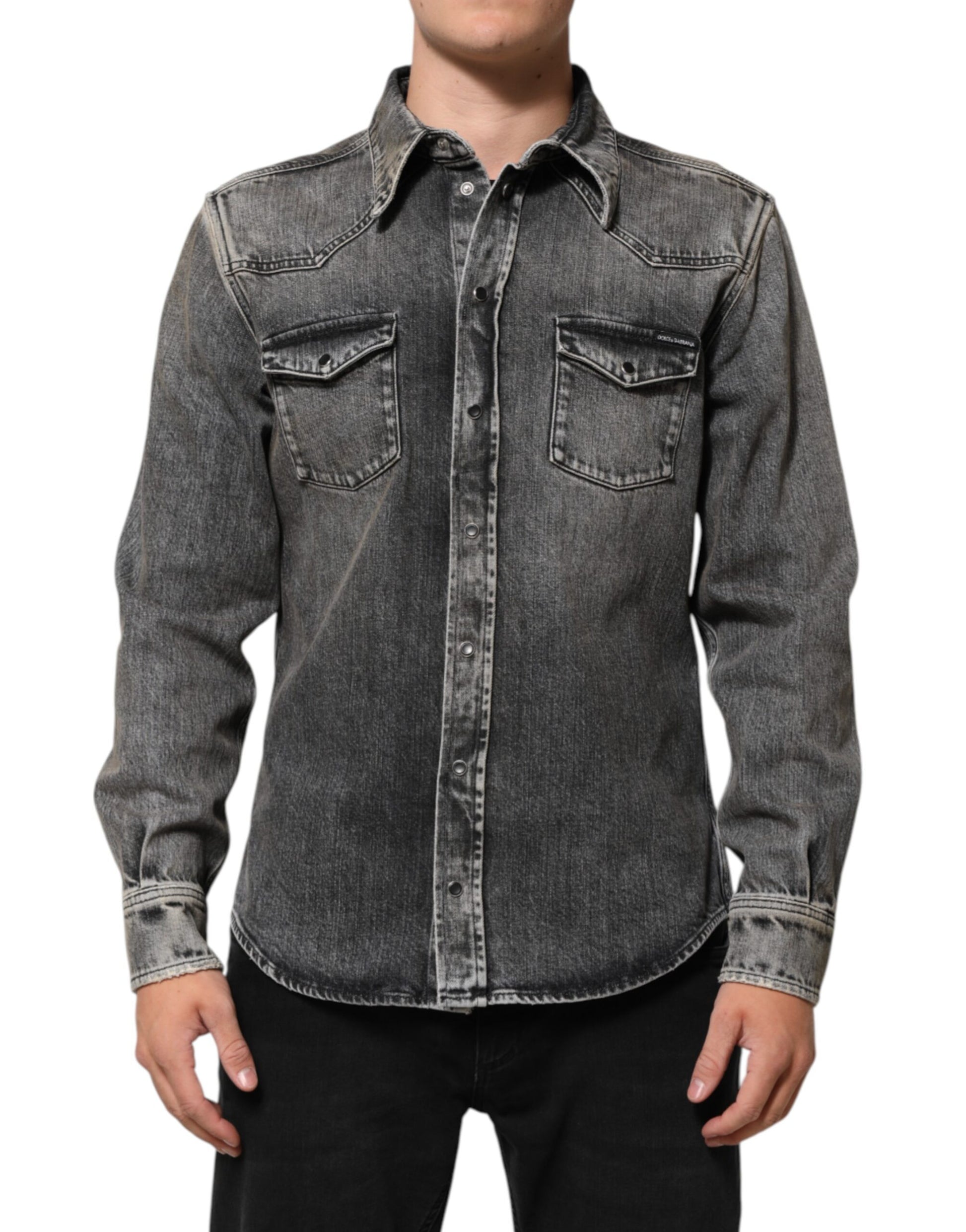 Dolce & Gabbana Black Washed Cotton Snap Long Sleeve Casual Shirt