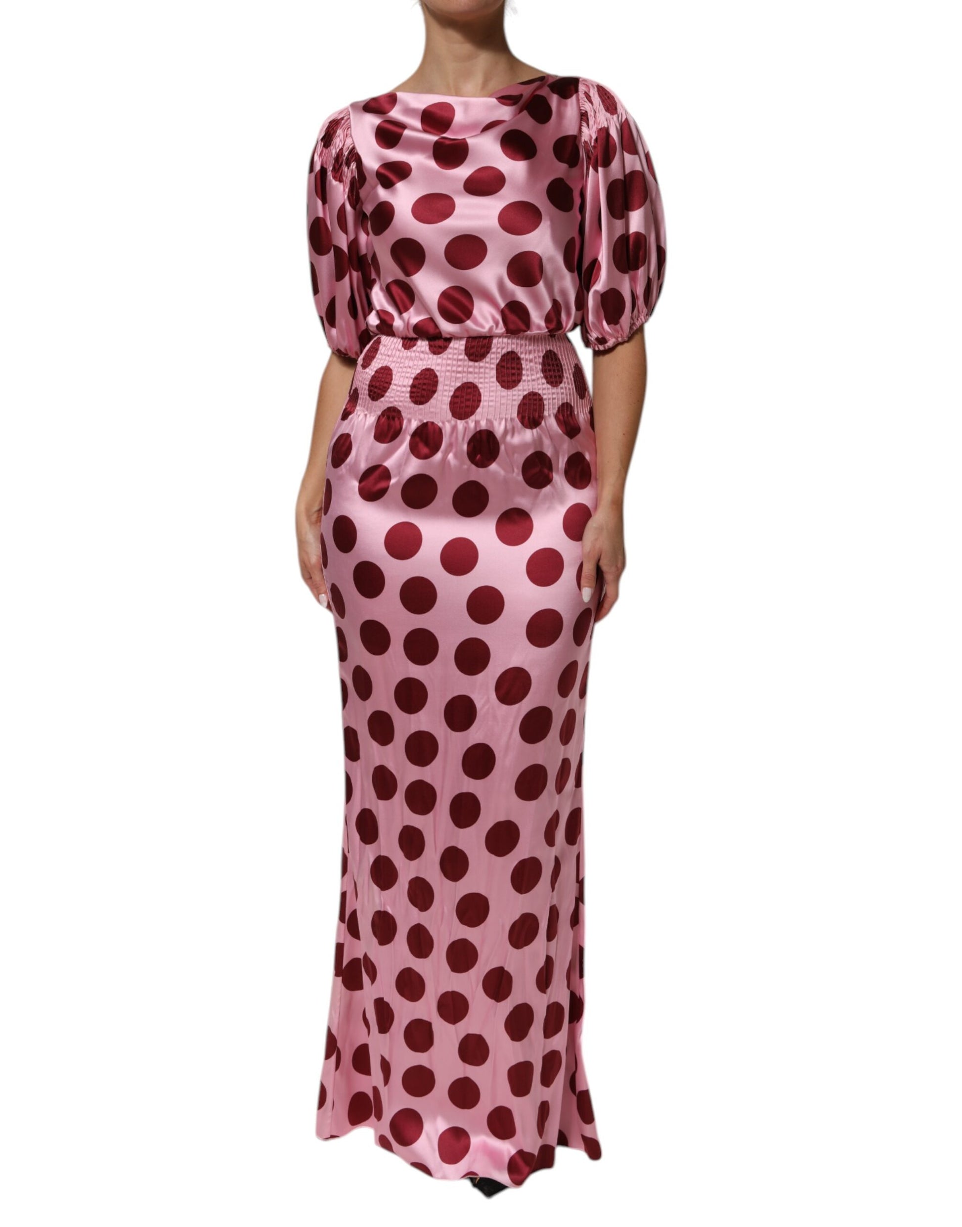 Dolce & Gabbana Pink Red Polka Dot Silk Satin Maxi Gown Dress