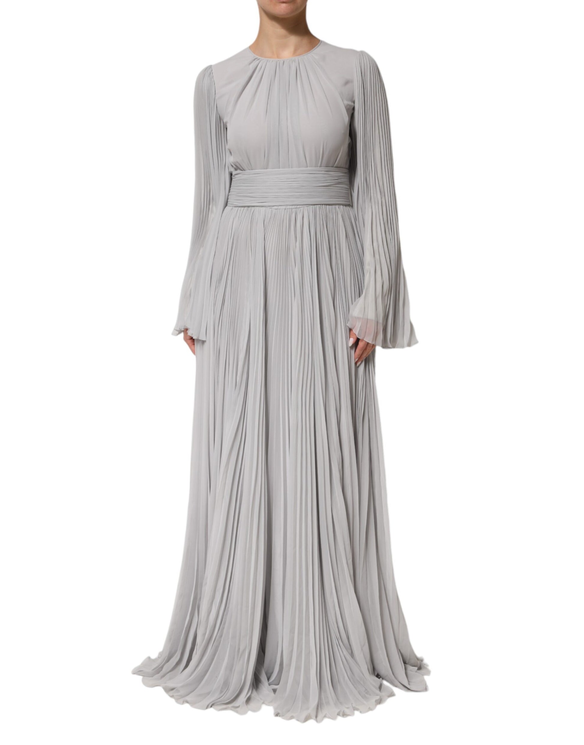 Dolce & Gabbana Grey Pleated Maxi Long Sleeve Silk Blend Gown Dress