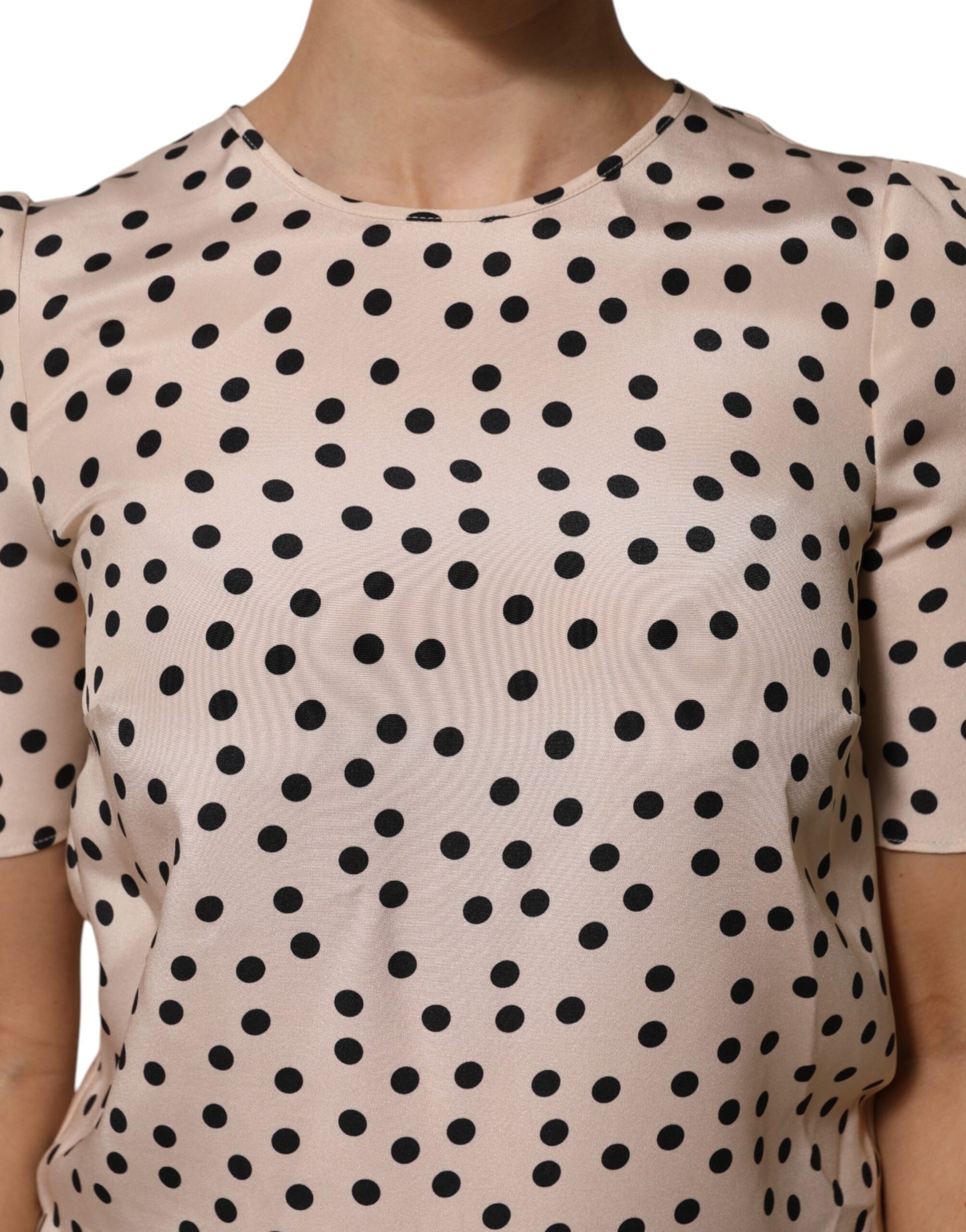 Dolce & Gabbana Beige Black Polka Dot Silk Short Sleeve Blouse Top