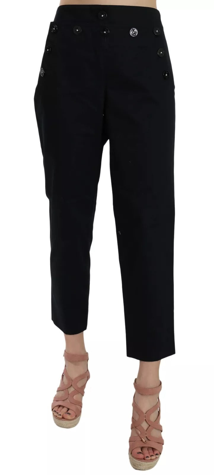 Schwarze, verkürzte Hose mit Knopfverzierung vorne