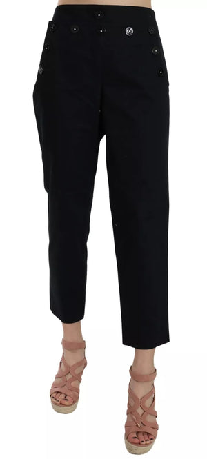 Schwarze, verkürzte Hose mit Knopfverzierung vorne