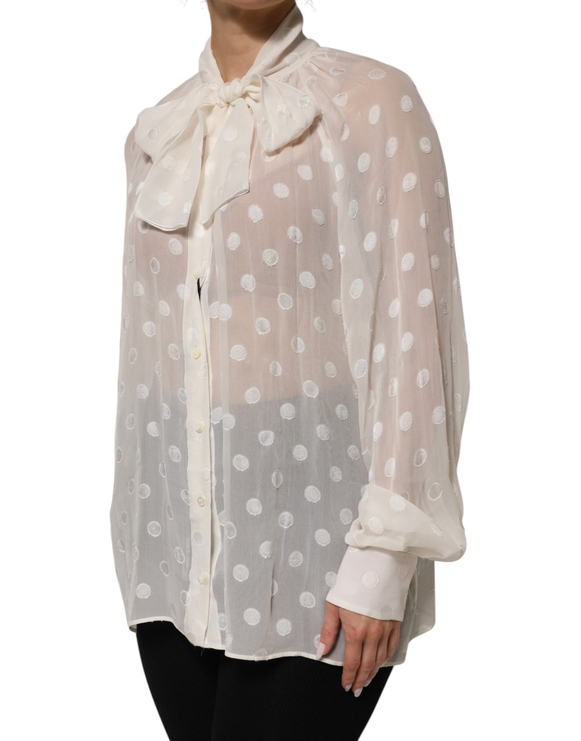 Dolce & Gabbana White Polka Sheer Silk Bow Tie Shirt Blouse Top