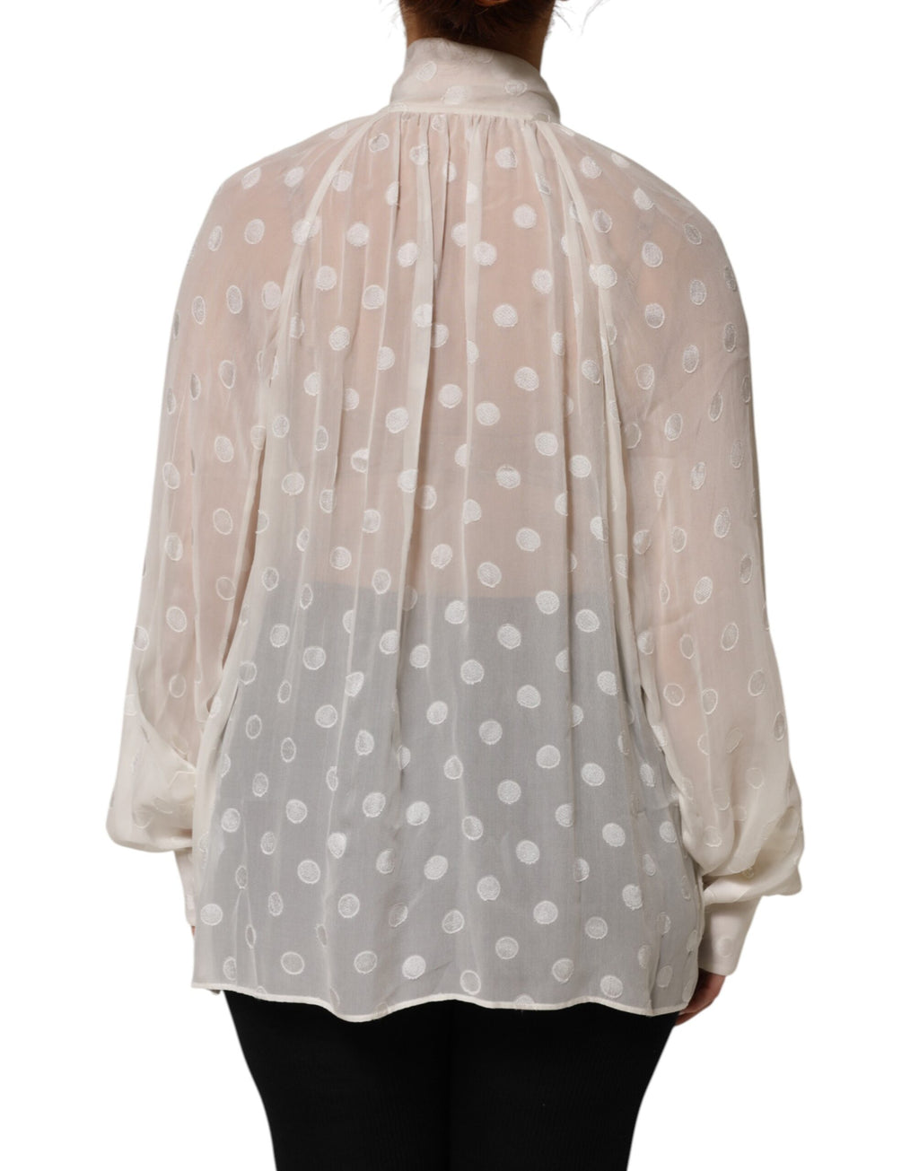 Dolce & Gabbana White Polka Sheer Silk Bow Tie Shirt Blouse Top