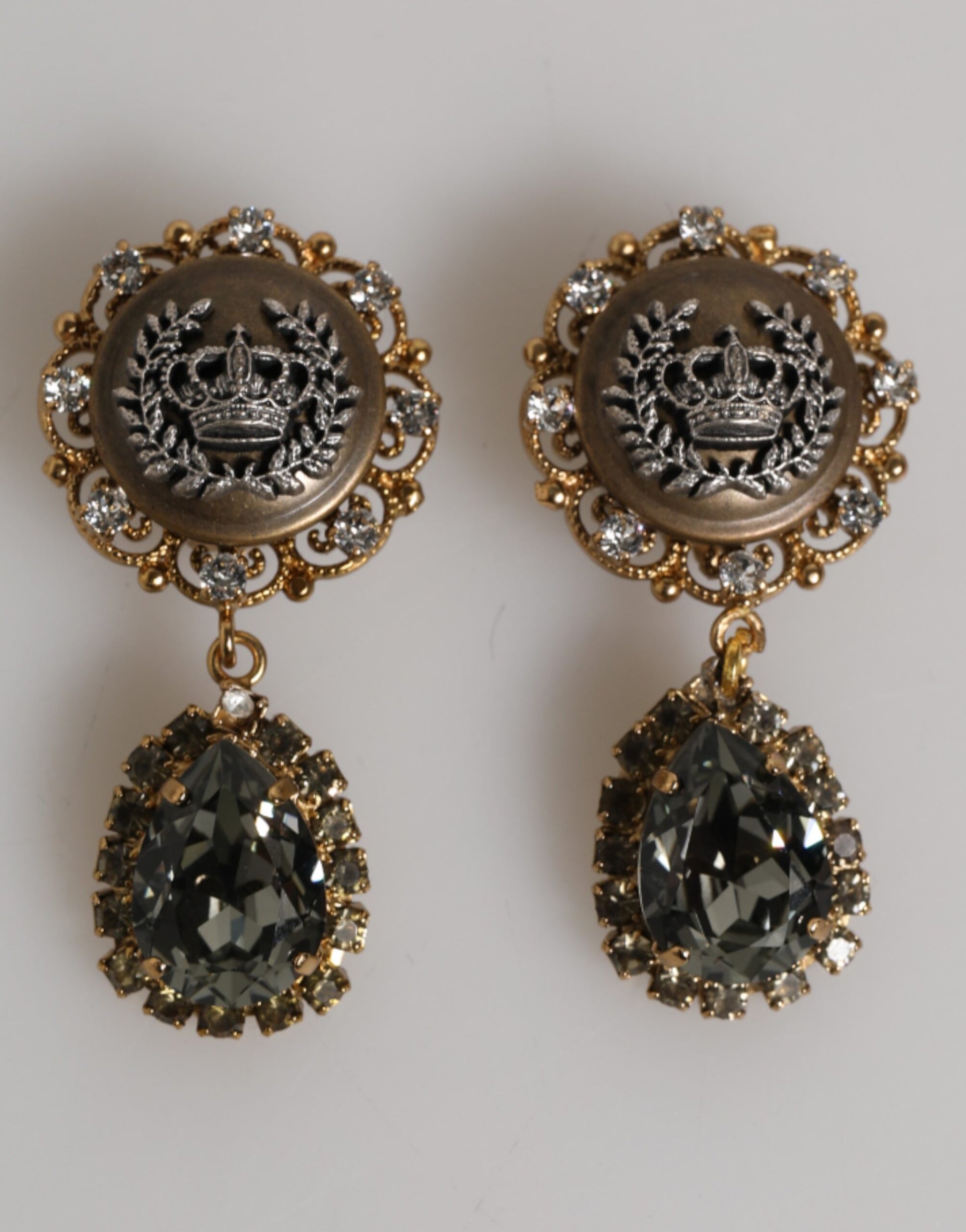 Dolce & Gabbana Gold Brass Crown Medallion Black Crystal Drop Clip On Earrings