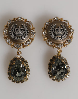 Dolce & Gabbana Gold Brass Crown Medallion Black Crystal Drop Clip On Earrings