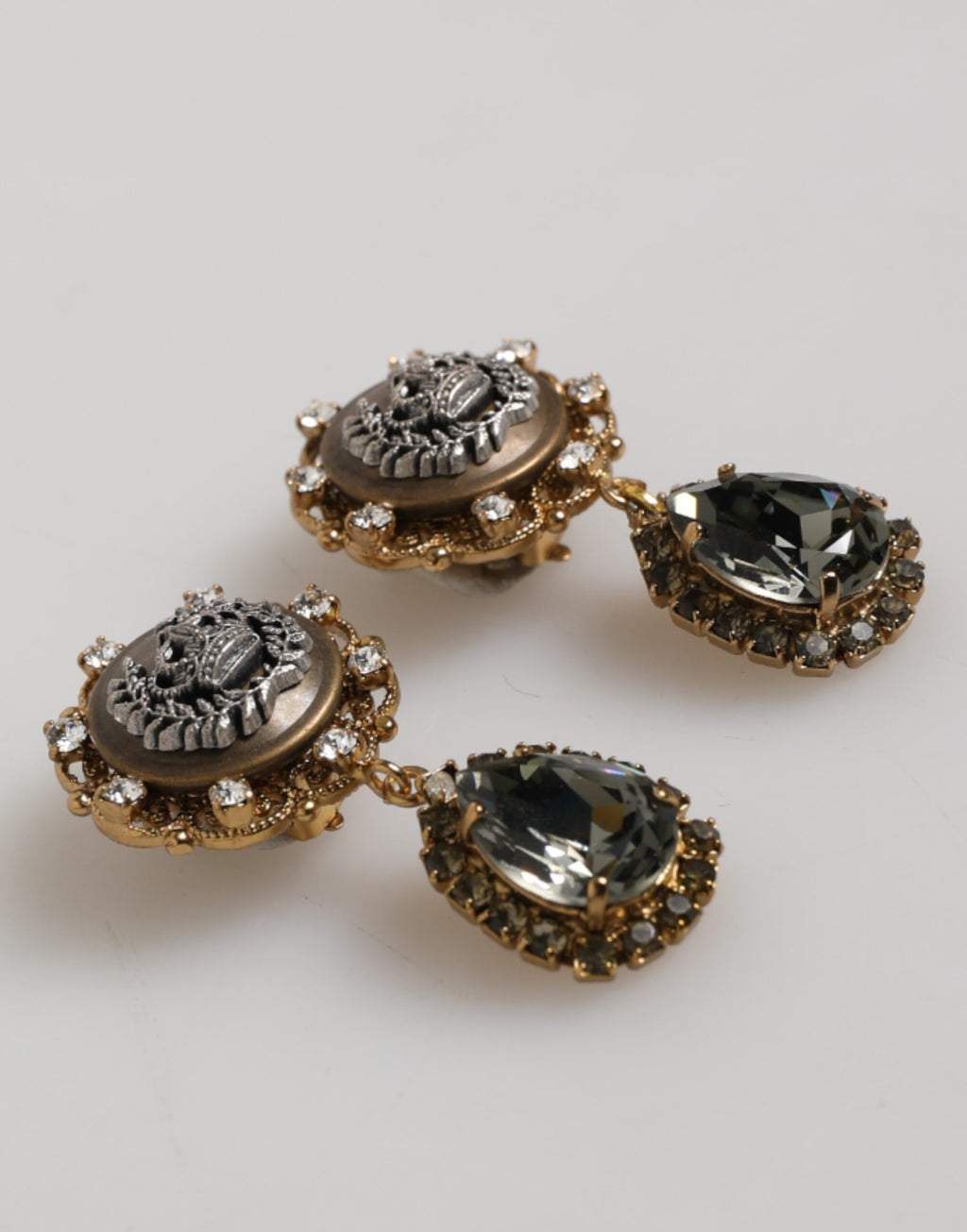 Dolce & Gabbana Gold Brass Crown Medallion Black Crystal Drop Clip On Earrings