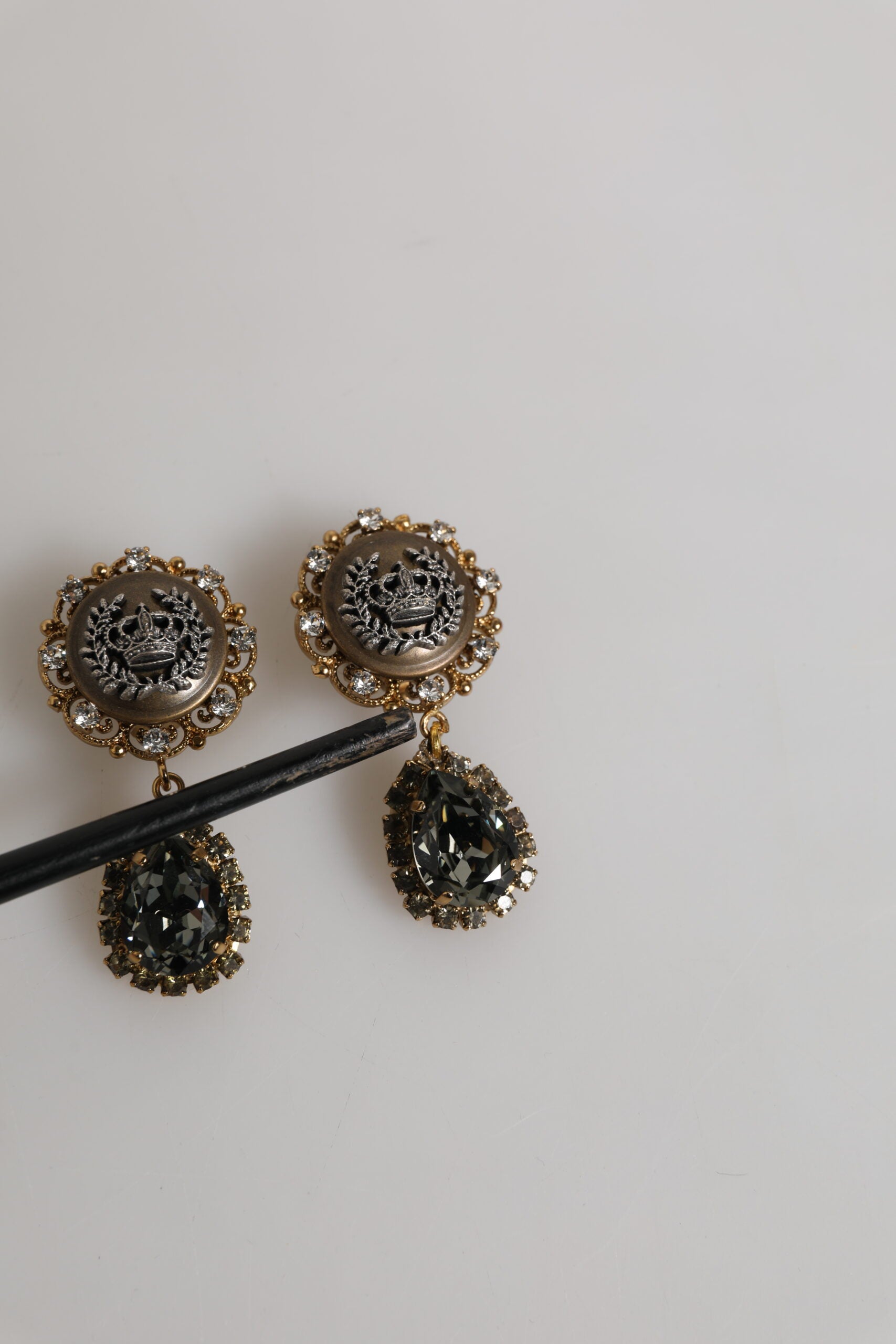 Dolce & Gabbana Gold Brass Crown Medallion Black Crystal Drop Clip On Earrings