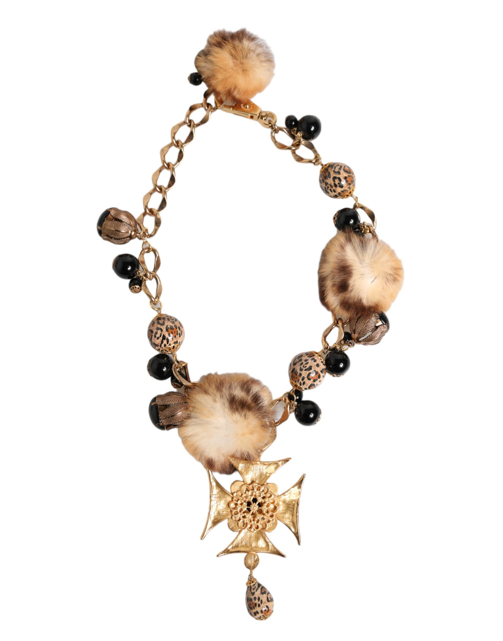 Gold Black Crystals Lapin Fur Filigree Choker Necklace