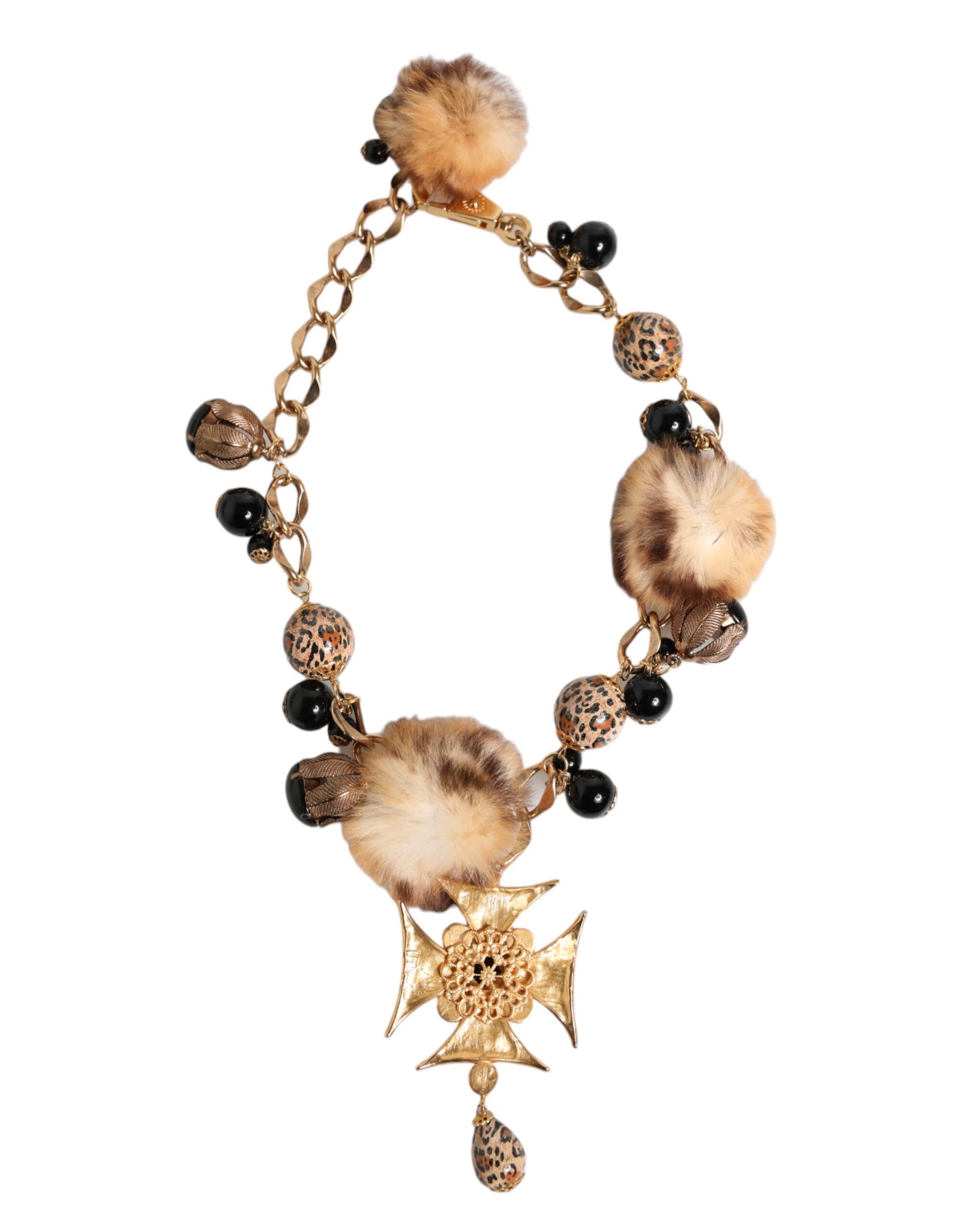 Gold Black Crystals Lapin Fur Filigree Choker Necklace