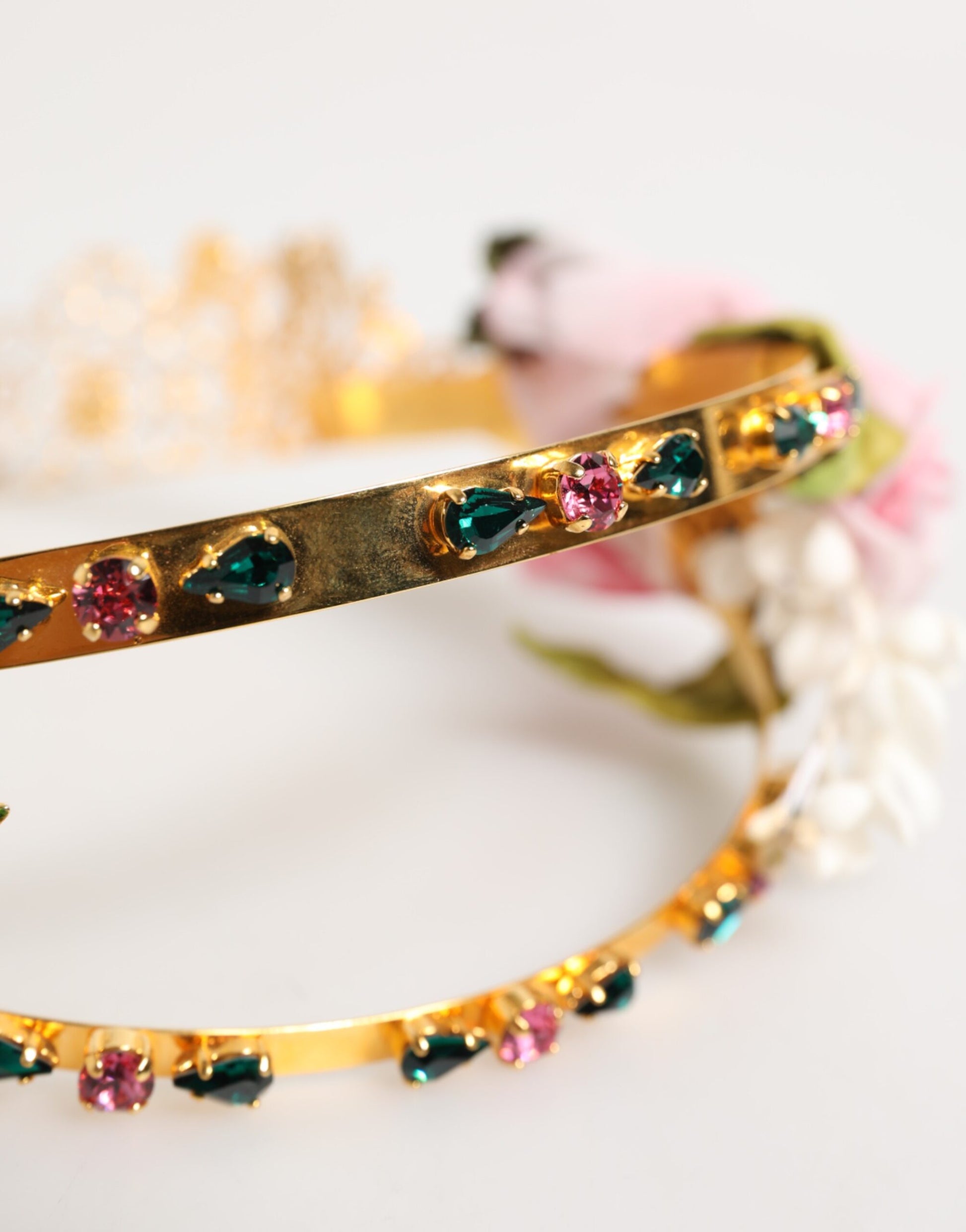 Dolce & Gabbana Gold Floral Tiara Pink Roses Crystal Crown Headband