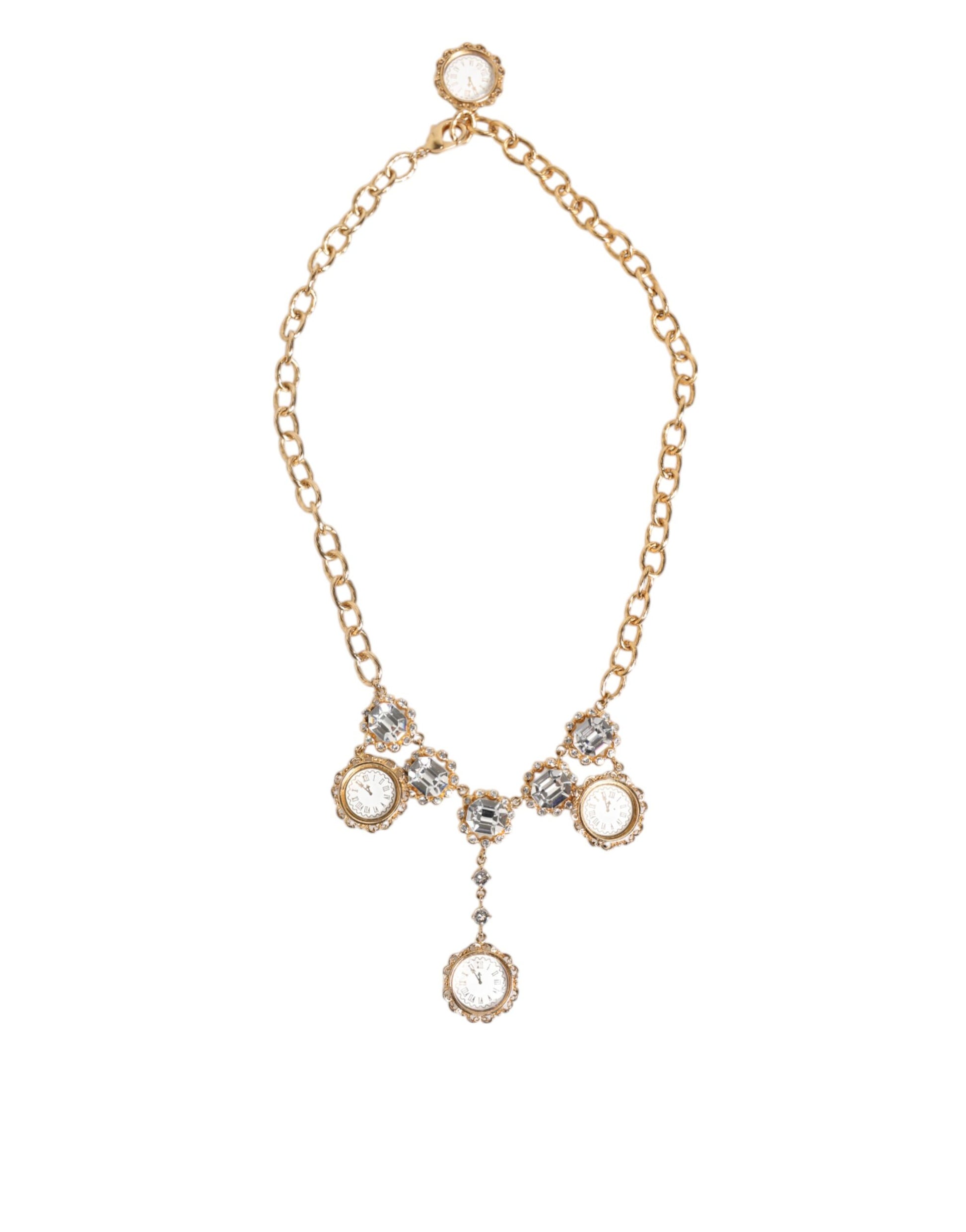 Dolce & Gabbana Gold Crystal Clock Face Pendant Statement Jewelry Necklace