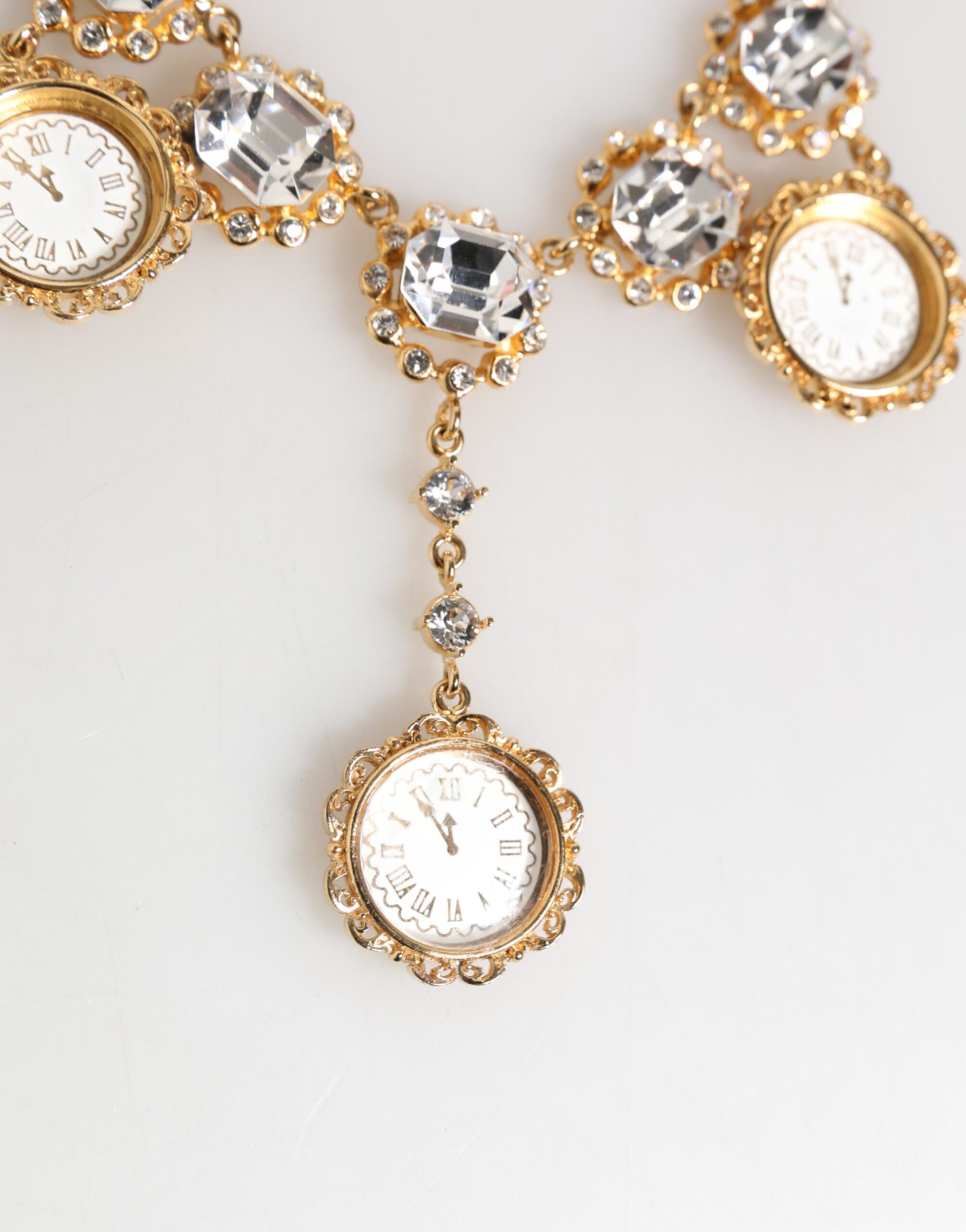Dolce & Gabbana Gold Crystal Clock Face Pendant Statement Jewelry Necklace