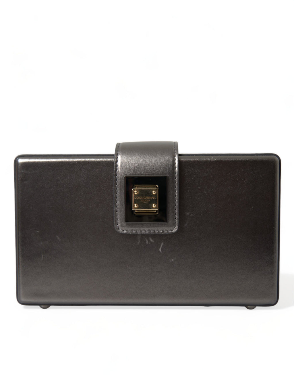 Dolce & Gabbana Steel Gray Leather Box Shape Shoulder Gold DG Logo Plaque Bag