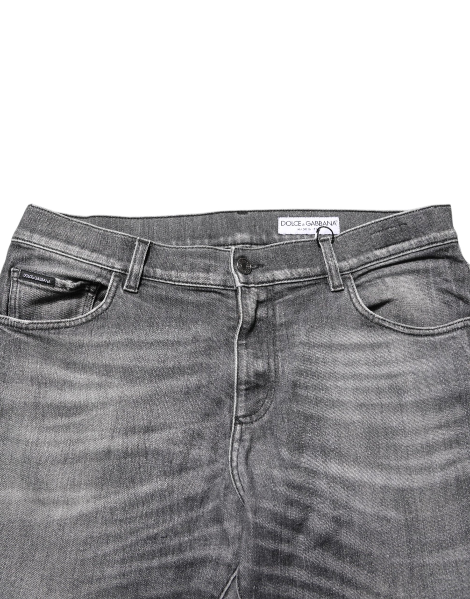 Dolce & Gabbana Grey Cotton Denim Slim Fit Distressed Pants Jeans