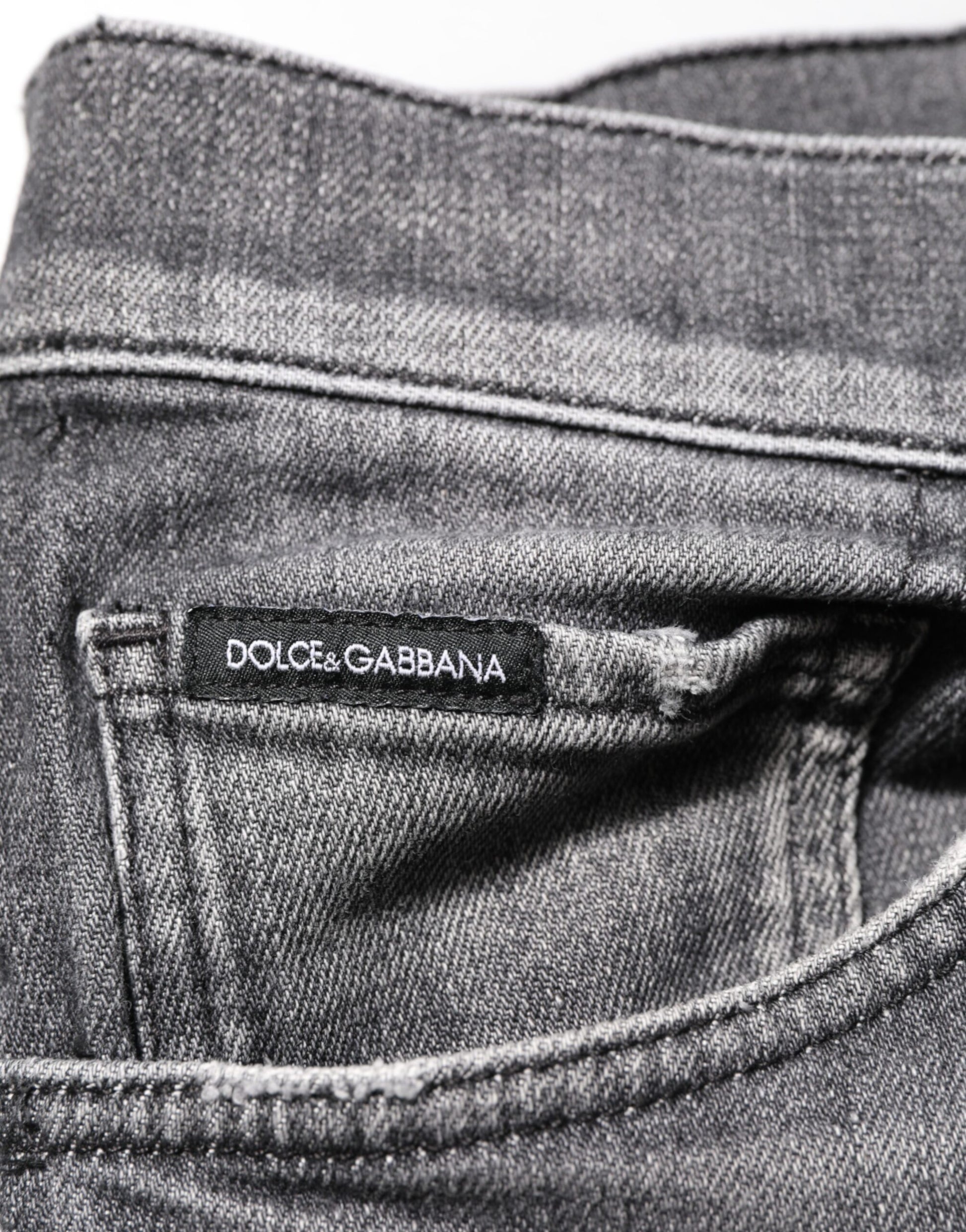 Dolce & Gabbana Grey Cotton Denim Slim Fit Distressed Pants Jeans