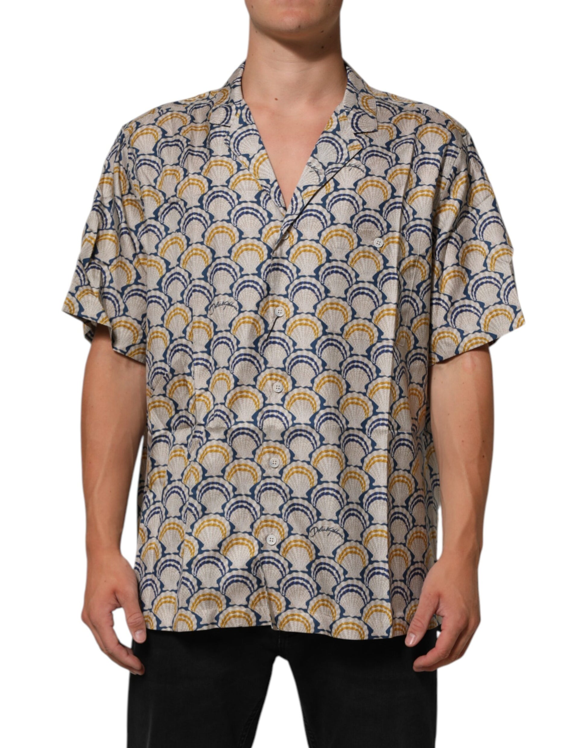 Dolce & Gabbana Cream Cotton Silk Hawaii Scallop Shell Print Shirt