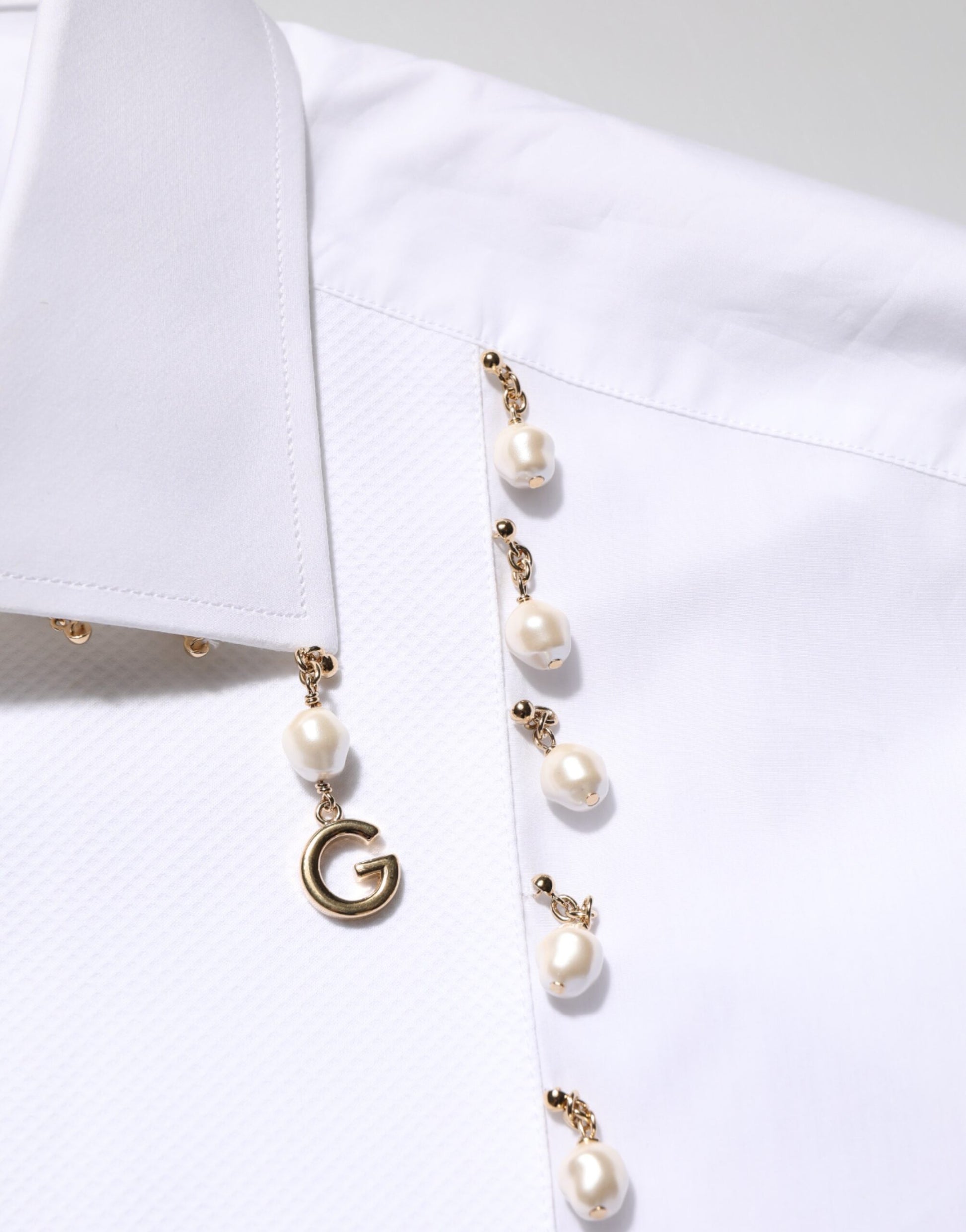 Dolce & Gabbana White Cotton DG Logo Pearl GOLD Formal Shirt