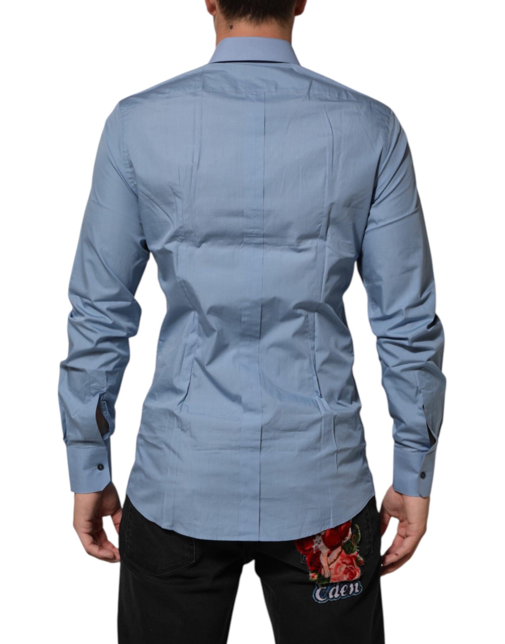 Dolce & Gabbana Blue Cotton Collared GOLD Formal Dress Shirt