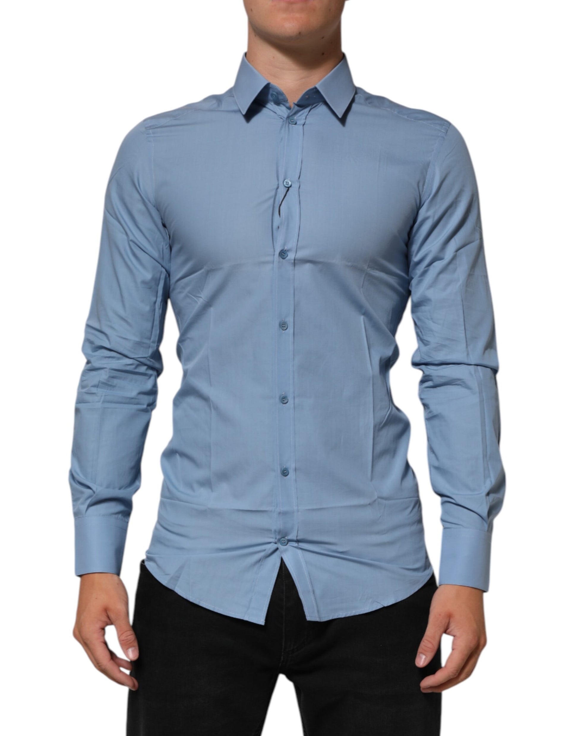 Dolce & Gabbana Blue Cotton Collared GOLD Formal Dress Shirt