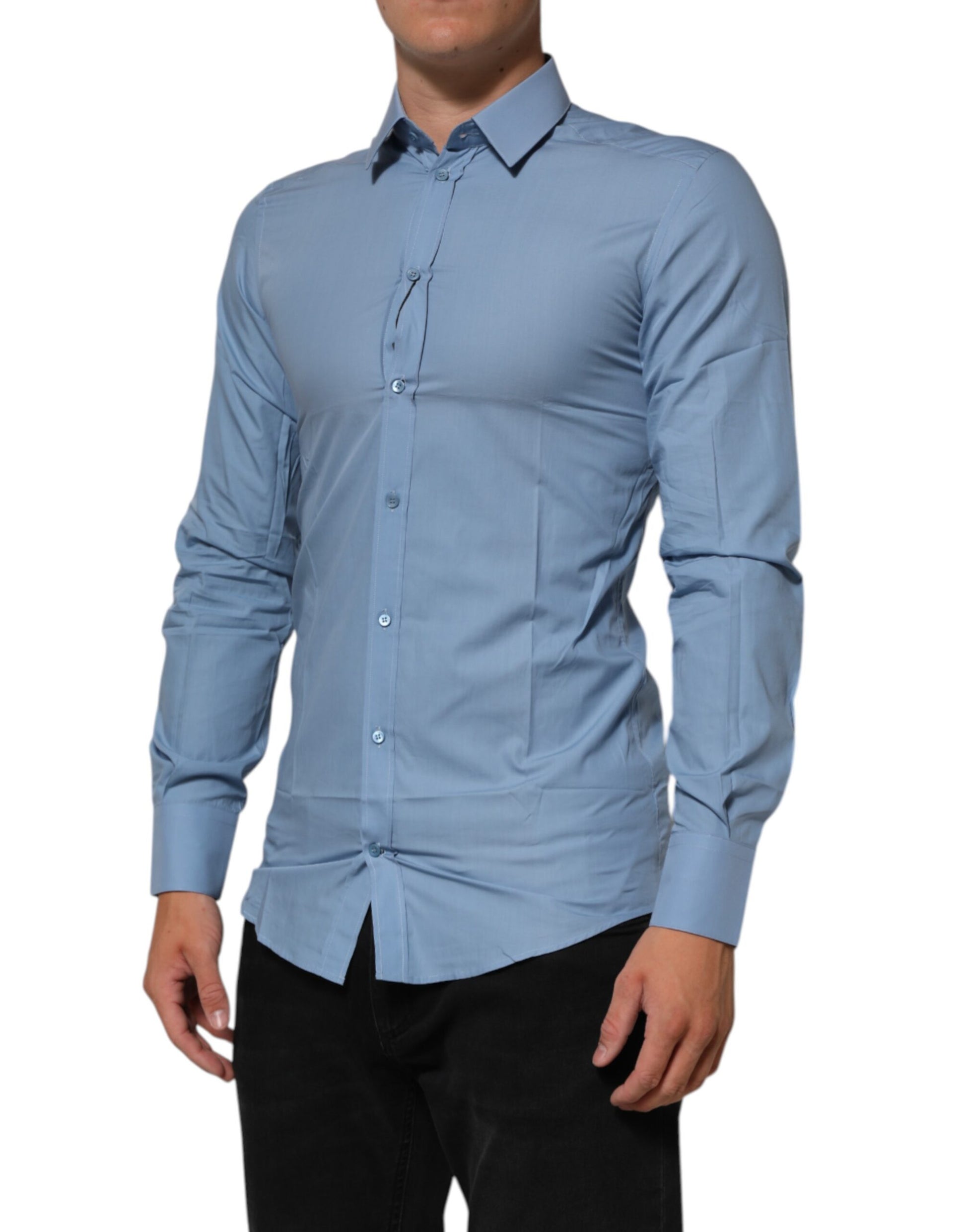 Dolce & Gabbana Blue Cotton Collared GOLD Formal Dress Shirt