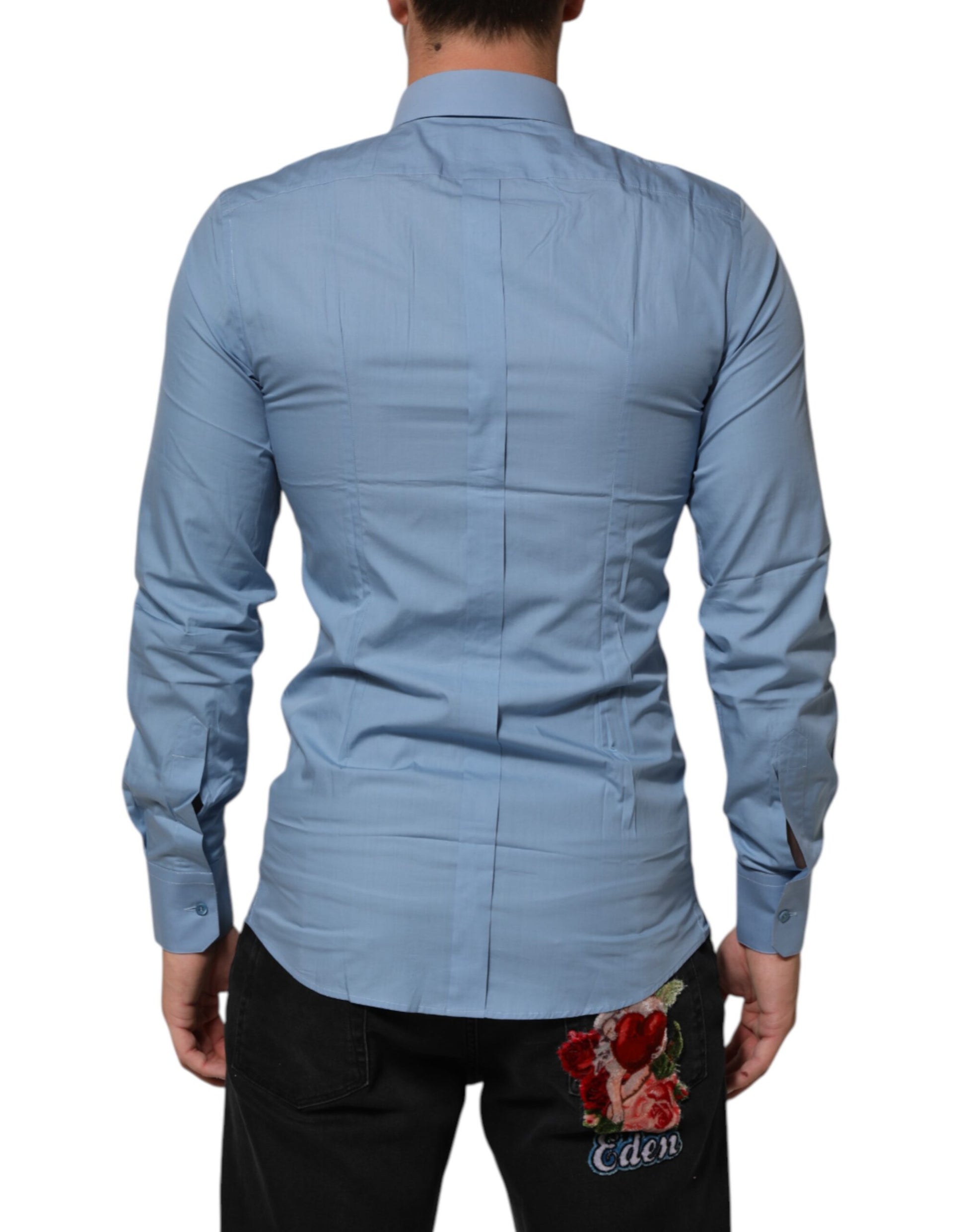 Dolce & Gabbana Blue Cotton Collared GOLD Formal Dress Shirt