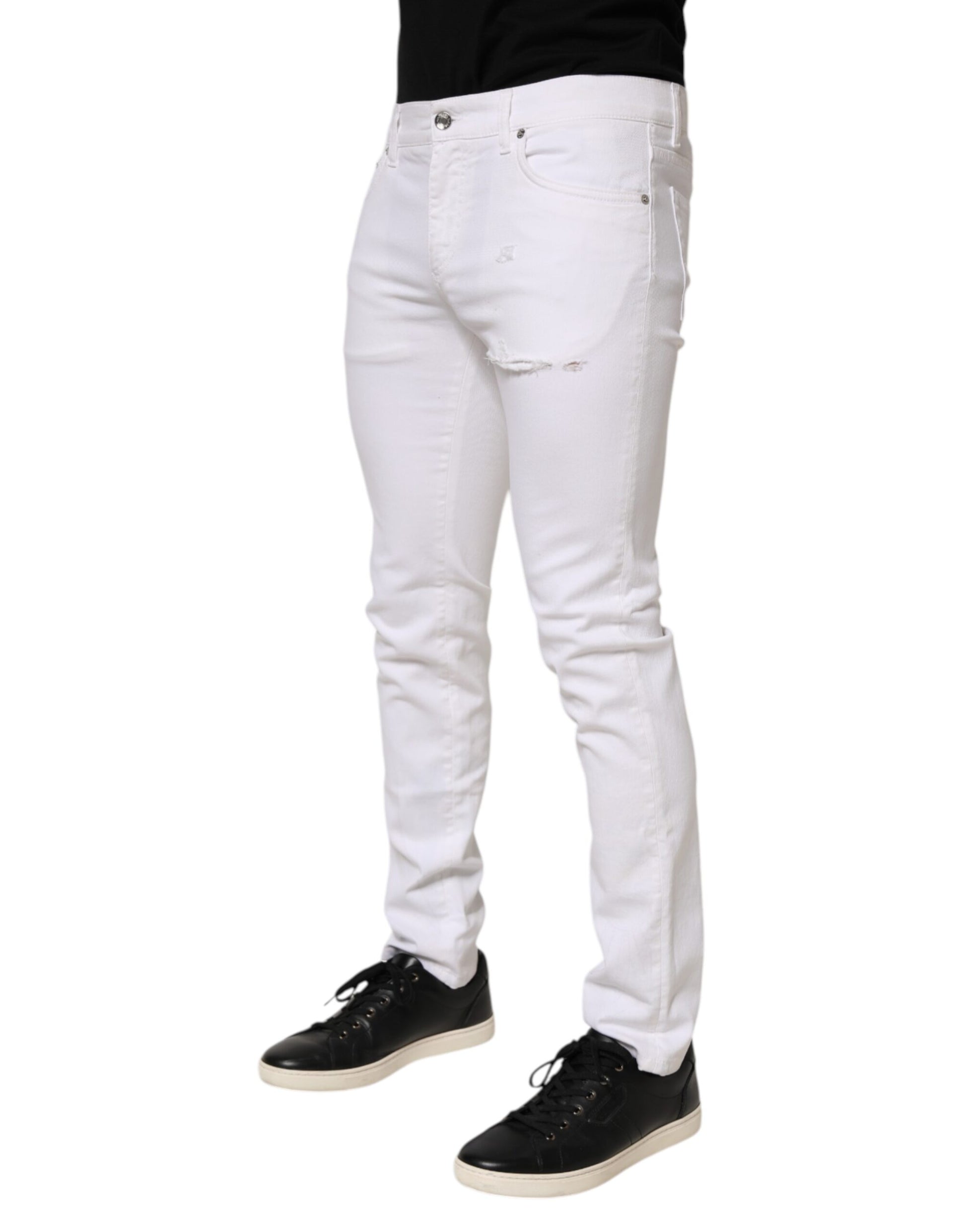 Dolce & Gabbana White Ripped Cotton Skinny Men Denim Jeans