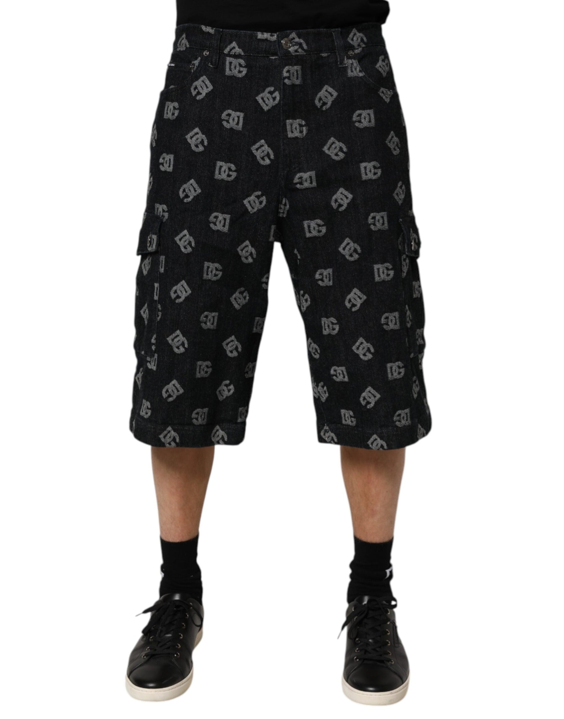 Dolce & Gabbana Black Monogram Denim Cargo Men Bermuda Short