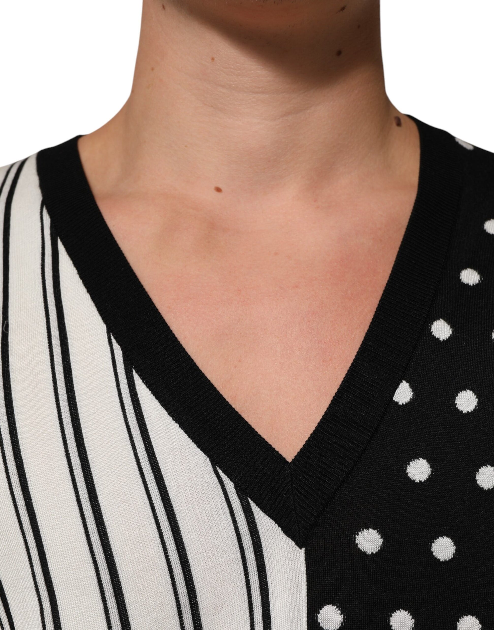 Dolce & Gabbana Black White Stripe Polka V-Neck Pullover Sweater