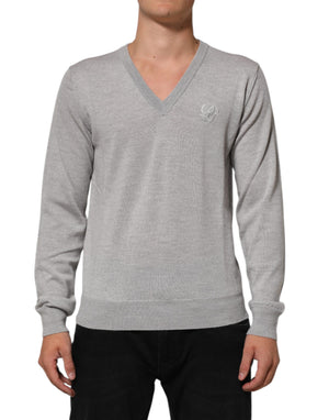 Dolce & Gabbana Gray Wool Knit Logo V-Neck Pullover Sweater