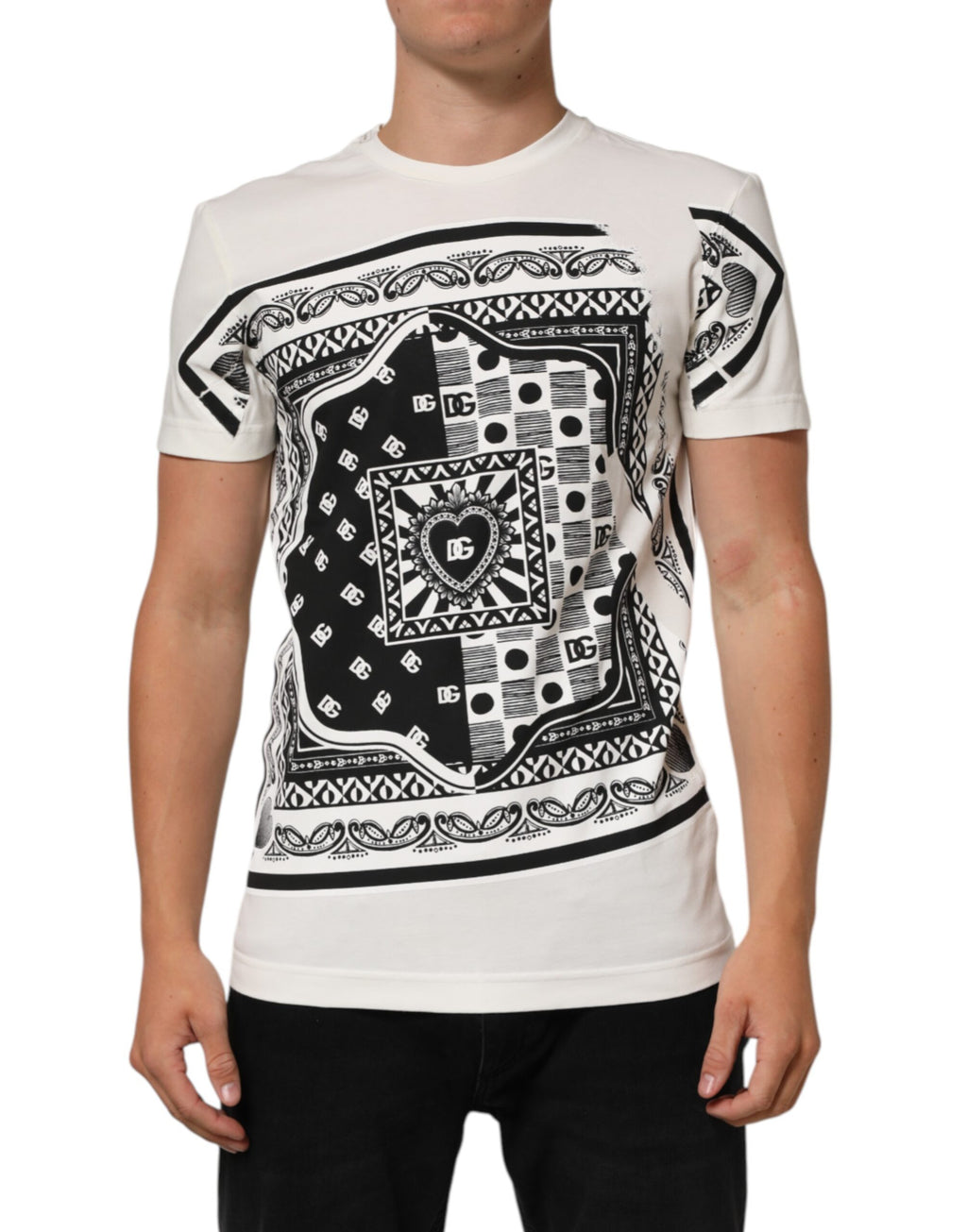 Dolce & Gabbana White Cotton Logo Bandana Print Men T-shirt