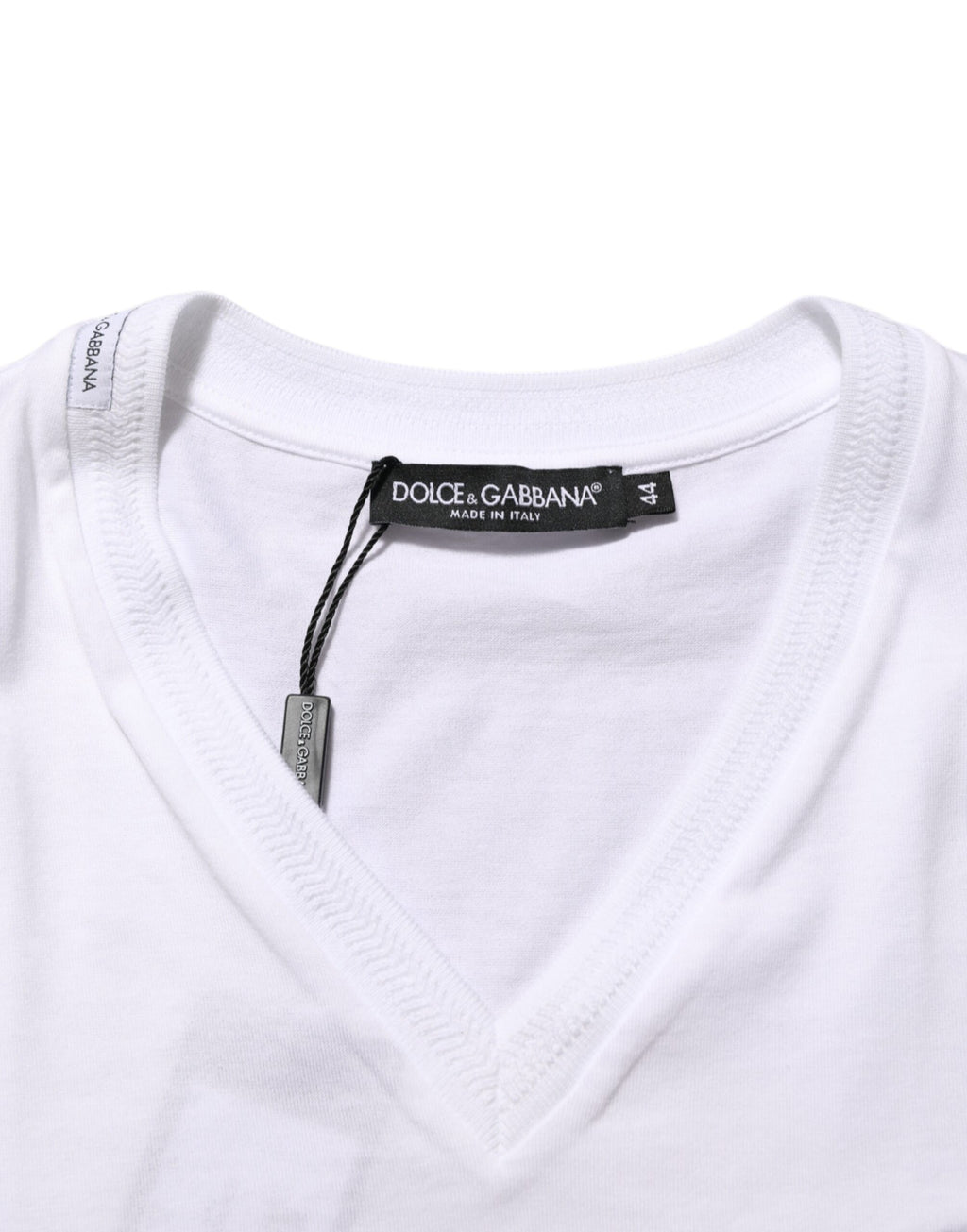 Dolce & Gabbana White Cotton Logo Patch V-neck Tee T-shirt
