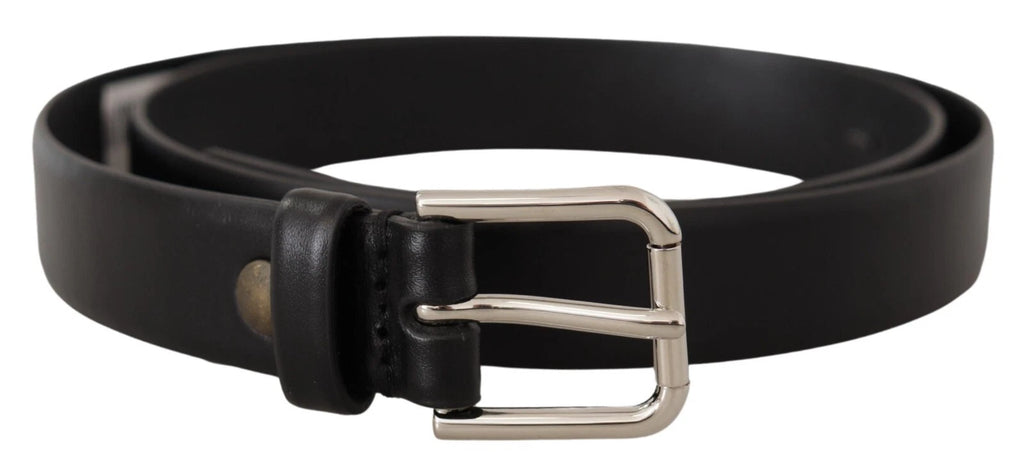 Dolce & Gabbana Black Calf Leather Silver Tone Logo Buckle Belt