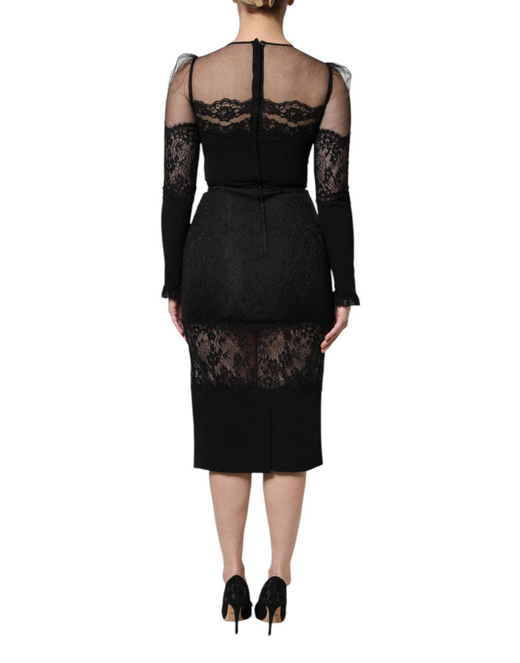 Dolce & Gabbana Black Lace Trim Nylon Tulle SheathMidi Dress