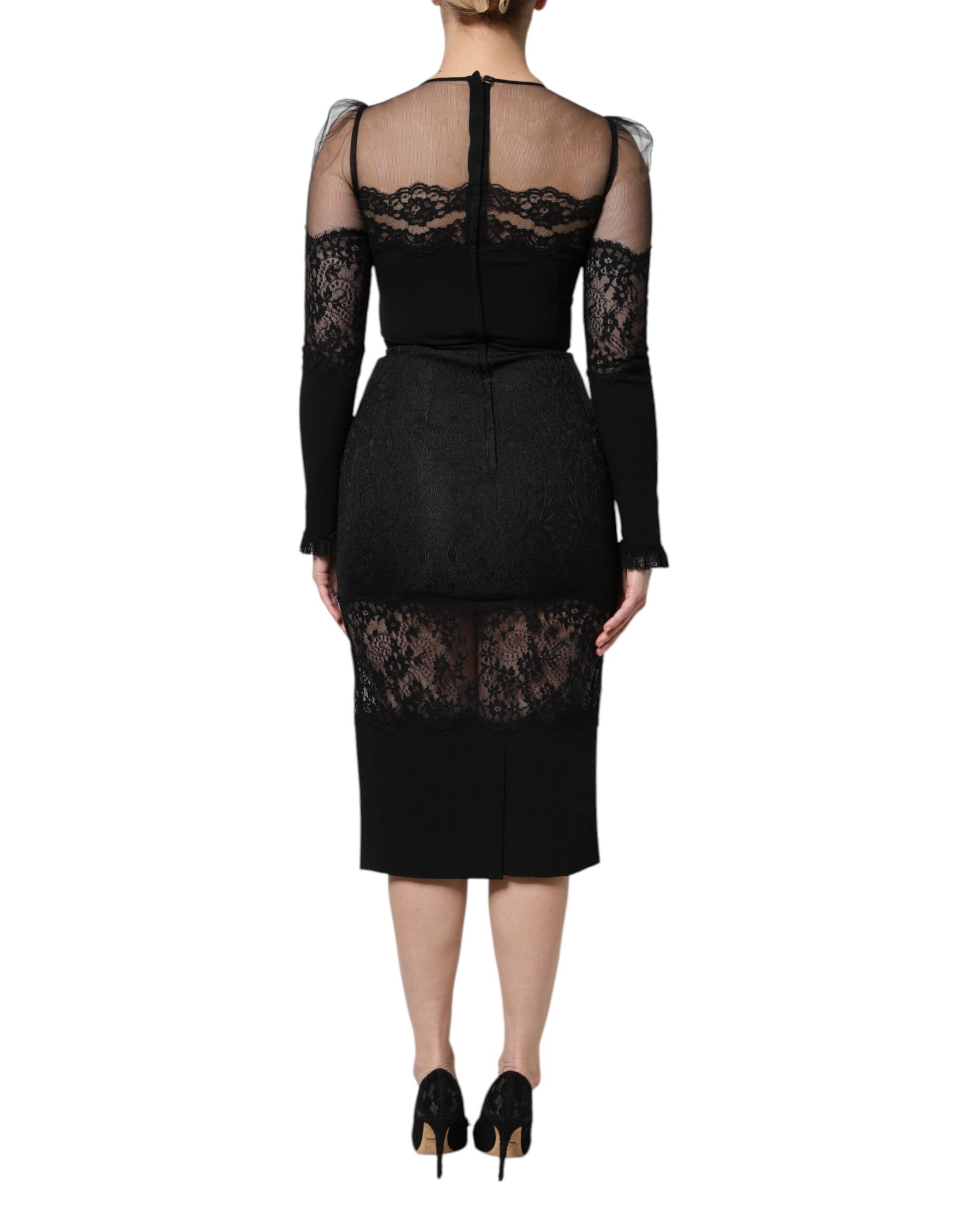 Dolce & Gabbana Black Lace Trim Nylon Tulle SheathMidi Dress