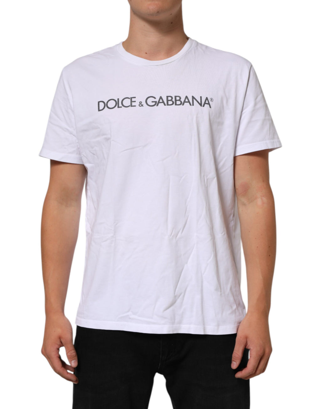 Dolce & Gabbana White Logo Print Cotton Crew Neck T-shirt