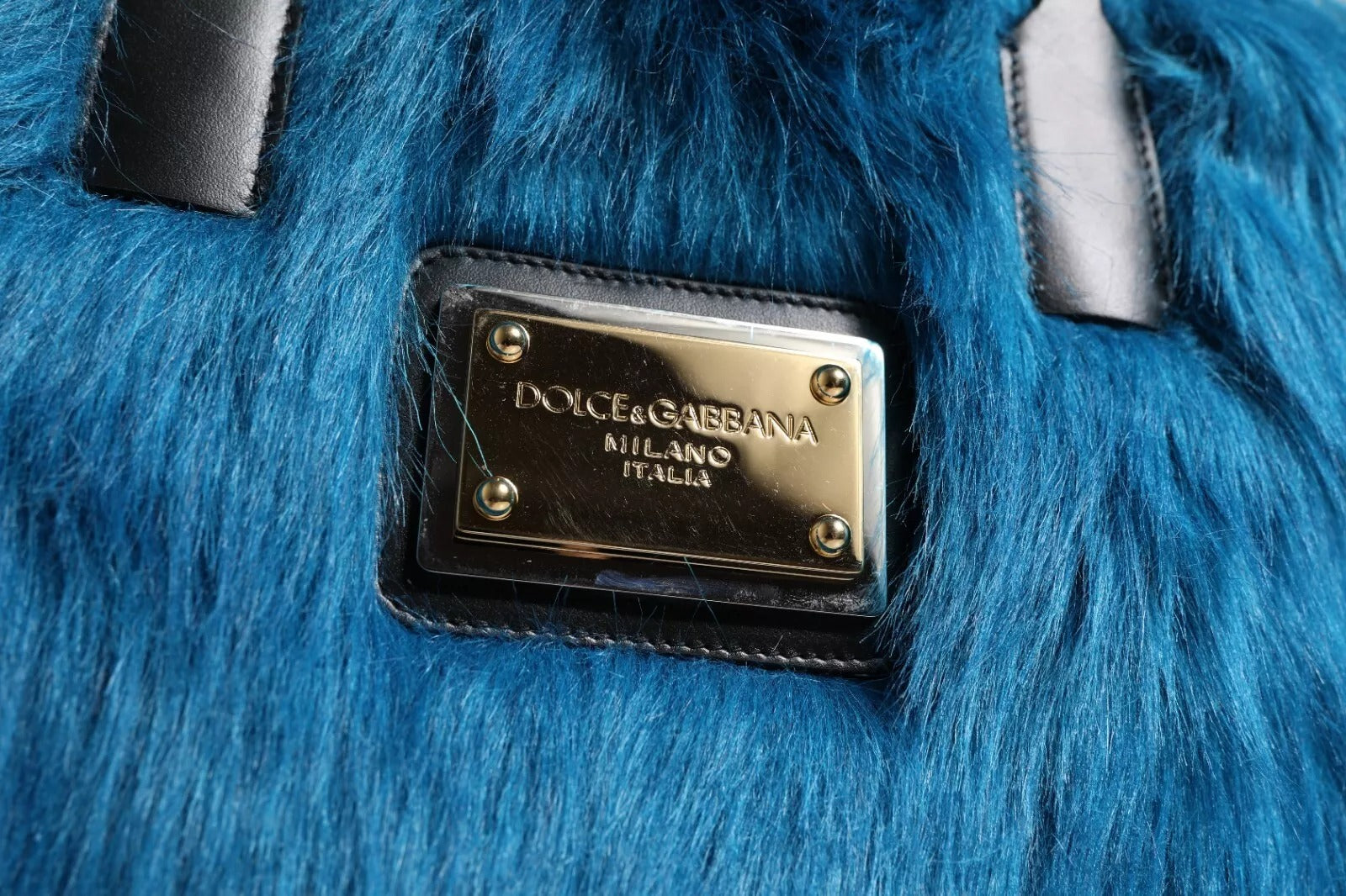 Dolce & Gabbana Blue Fur Logo Plaque Double Handle Shoulder Bag