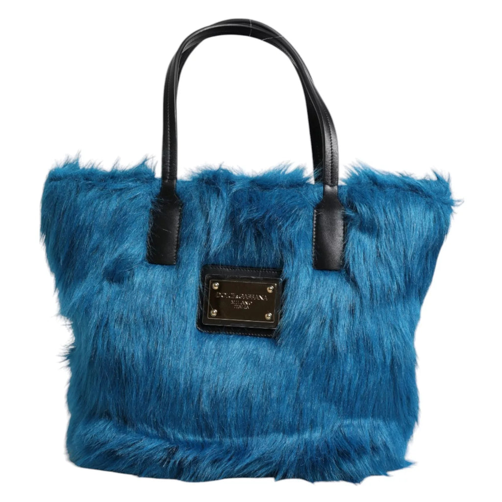 Dolce & Gabbana Blue Fur Logo Plaque Double Handle Shoulder Bag