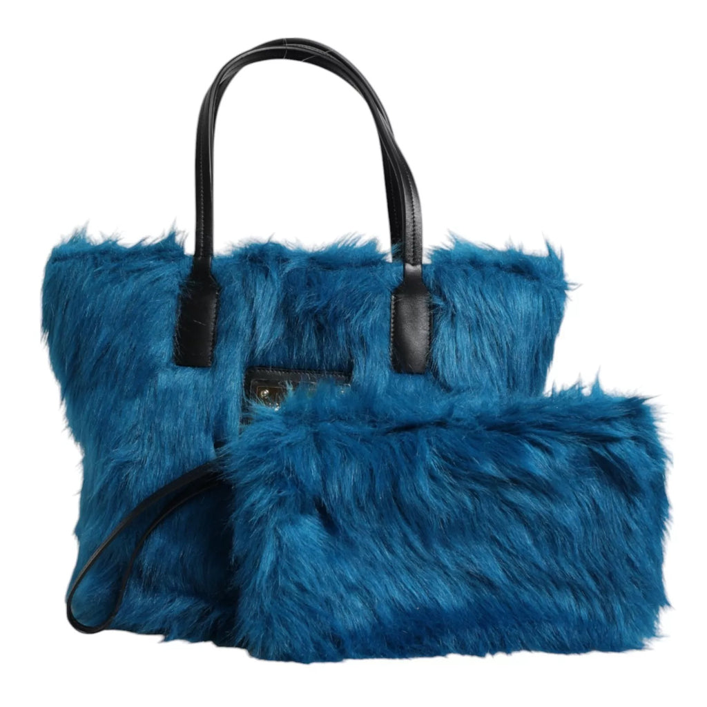 Dolce & Gabbana Blue Fur Logo Plaque Double Handle Shoulder Bag