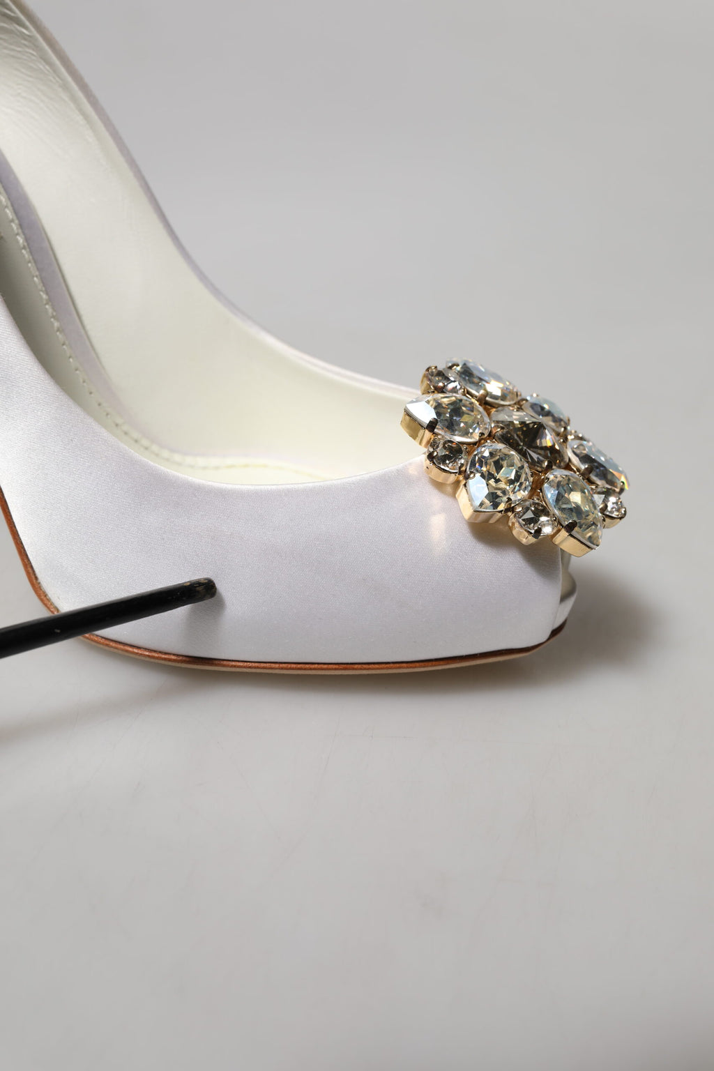 Dolce & Gabbana White Crystals Peep Toe Satin Pumps Shoes
