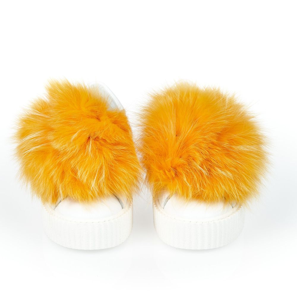 Mr&Mrs Italy White Textile Women Sneaker with Fur Pom Poms
