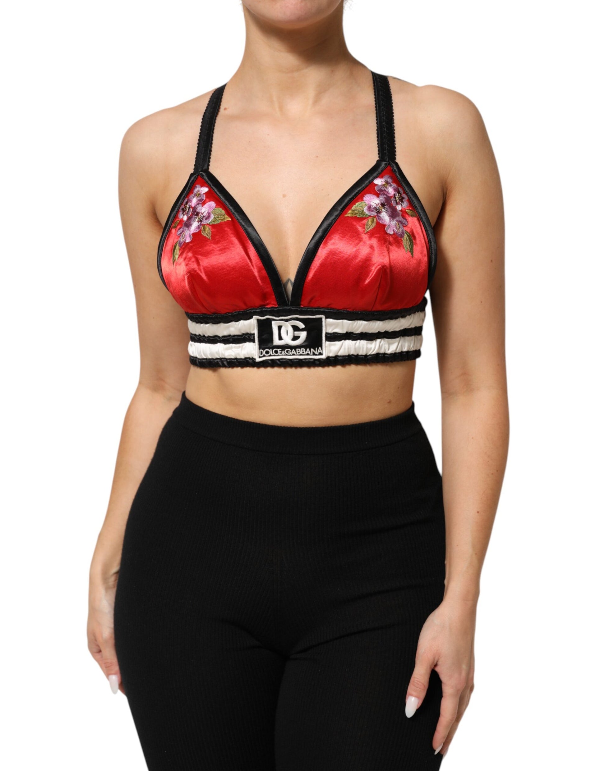 Dolce & Gabbana Red Satin Floral Embroidered Bralette Crop Top