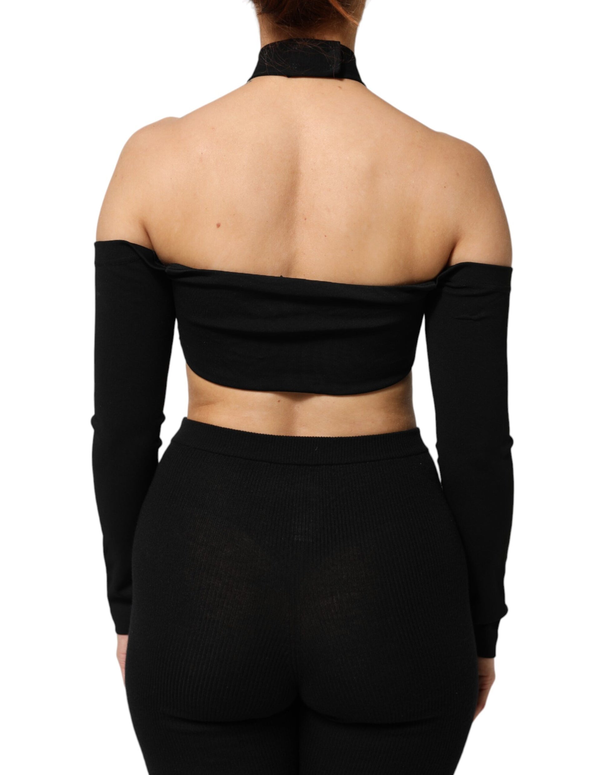 Dolce & Gabbana Black Viscose Halter Off Shoulder Cropped Top