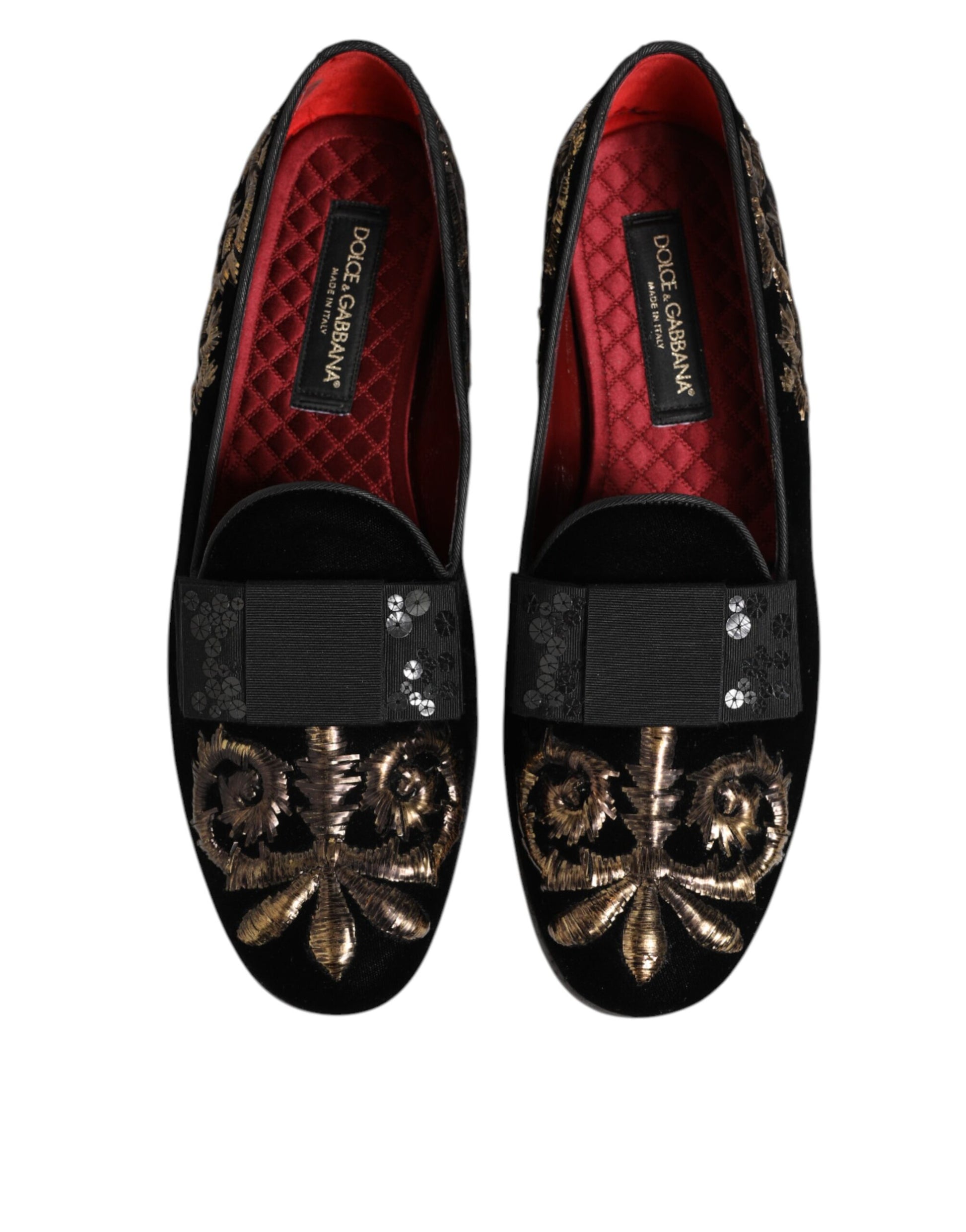 Dolce & Gabbana Black Velvet Embroidery Formal Loafers Shoes