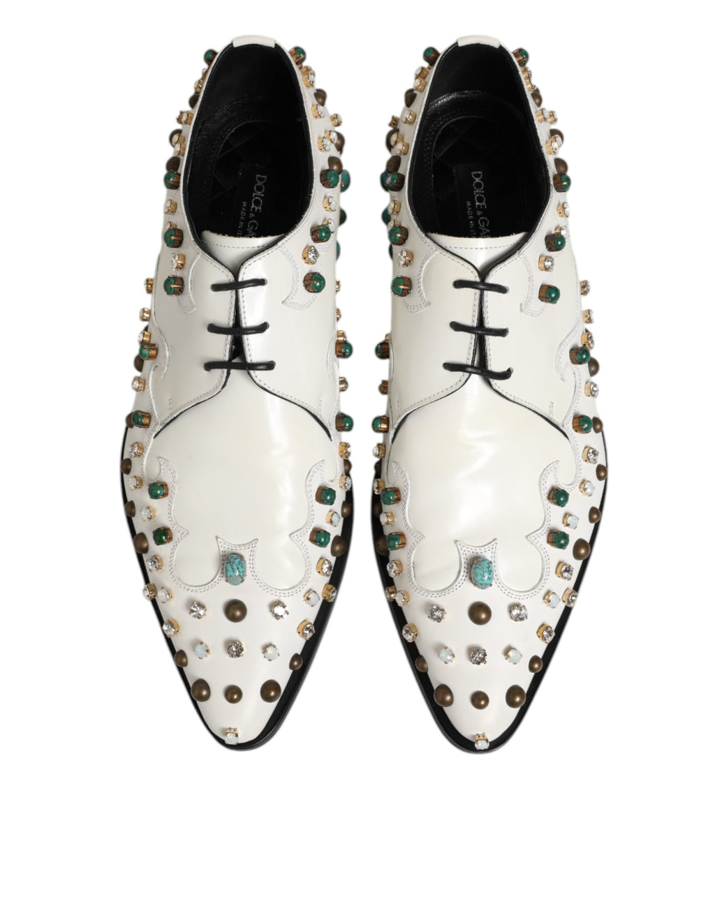 Dolce & Gabbana White Leather Crystals Embellished Derby Shoes