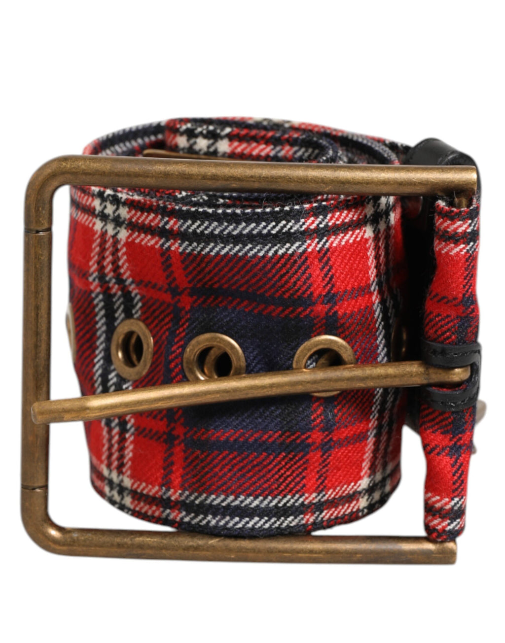 Dolce & Gabbana Red Plaid Fabric Logo Plate Brass Buckle Belt